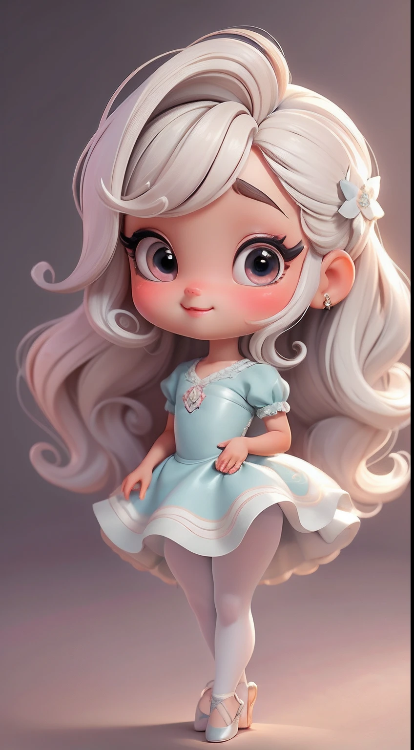 Create a series of cute  style chibi dolls with a cute ballet theme, each with lots of detail and in an 8K resolution. All dolls should follow the same solid background pattern and be complete in the image, mostrando o (corpo inteiro, incluindo as pernas: 1.5)

Boneca Mini bailarina: Chame-a de Marina. Ela deve ter cabelos castanho moreno presos em um coque alinhado. Seus olhos devem ser grandes e expressivos, with long eyelashes and rosy cheeks. Sorriso delicado e branco. modern accessories. Marina must be dressed in a ballet dress. She must carry ballet accessories. Certifique-se de adicionar detalhes nas roupas, como saias e brilho, sapatilha bonito

Certifique-se de adicionar sombras, texturas e detalhes nos cabelos, roupas, Ballet utensils, to make them even more adorable and charming.