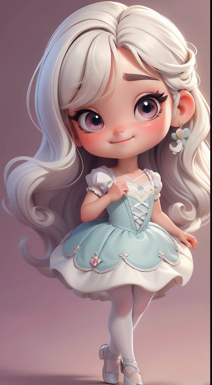 Create a series of cute baby style chibi dolls with a cute ballet theme, each with lots of detail and in an 8K resolution. All dolls should follow the same solid background pattern and be complete in the image, mostrando o (corpo inteiro, incluindo as pernas: 1.5)

Boneca Mini bailarina: Chame-a de Marina. Ela deve ter cabelos castanho moreno presos em um coque alinhado. Seus olhos devem ser grandes e expressivos, with long eyelashes and rosy cheeks. Sorriso delicado e branco. modern accessories. Marina must be dressed in a ballet dress. She must carry ballet accessories. Certifique-se de adicionar detalhes nas roupas, como saias e brilho, sapatilha bonito

Certifique-se de adicionar sombras, texturas e detalhes nos cabelos, roupas, Ballet utensils, to make them even more adorable and charming.