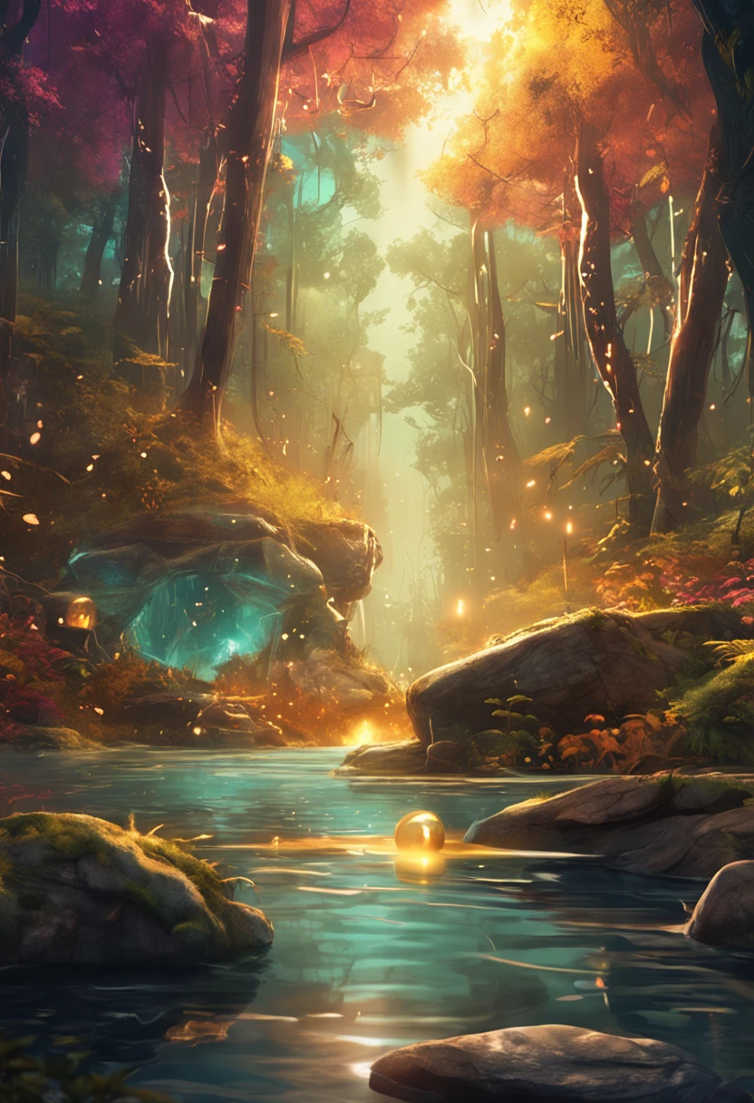 Create a portal in the middle of the forest with white fire around the portal and a swamp on both sides with golden lightning with coins falling like rain