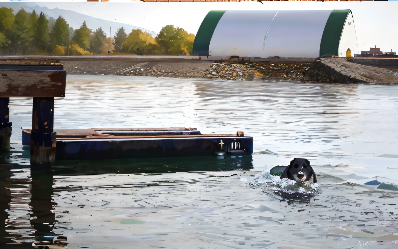 There is a dog swimming in the water near the pier, dark dingy, dingy, river flowing beside the robot, Fluttering bull nets, bottom angles, partly sunken! In the lake!, Float, degrees of freedom, body shot, dlsr photo, shot on leica, Wide degrees of freedom, shot on nikon d 3 2 0 0