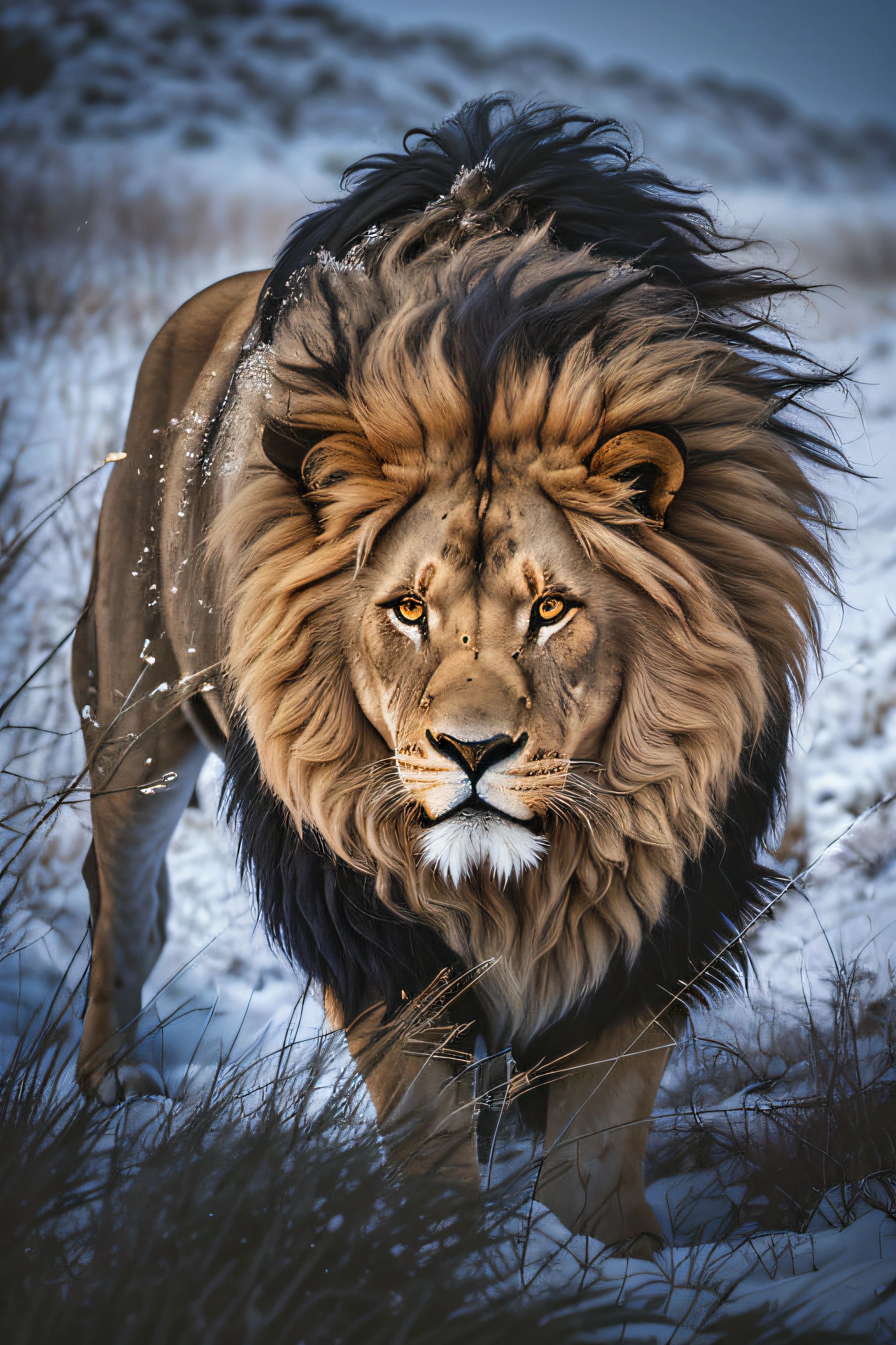 Araffe andando na neve com uma grande juba, with the mane of a lion, the mane of a lion, Rei da selva, majestoso!!! Beautiful!!!, Aslan the Lion, portrait of a lion, lion mane, fierce expression, forte e feroz, lion warrior, fierce expression 4k, face of an lion, olhar intimidador, com o fundo todo preto, So o Leõa sobrassaindo