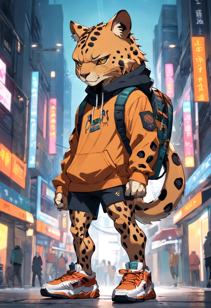 ((foto crua)), ((obra-prima)), Anthropomorphic humanoid leopard wearing (roupas de streetwear), andando furiosamente entre as pessoas, detalhe intrincado, intricate Greebles pieces, city behind, corpo musculoso, (large muscles), muscular arms, (small head), Ogro monstruoso, Titan soft lighting, Hiper realista, soft-lighting, Ambiente sinistro