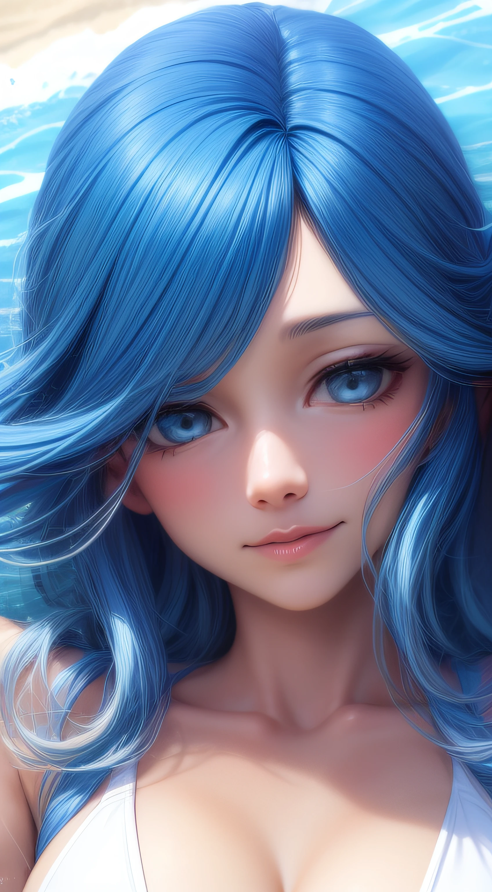 A portrait of Urubida with blue hair and white highlights, swimsuit