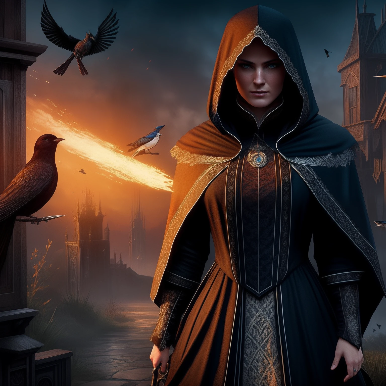 There's a Victorian-era woman in a hood with a Winchester pointing at a bird. ESTILO GRIM DARK FANTASIA SOMBRIA. There is also a roadfar back.