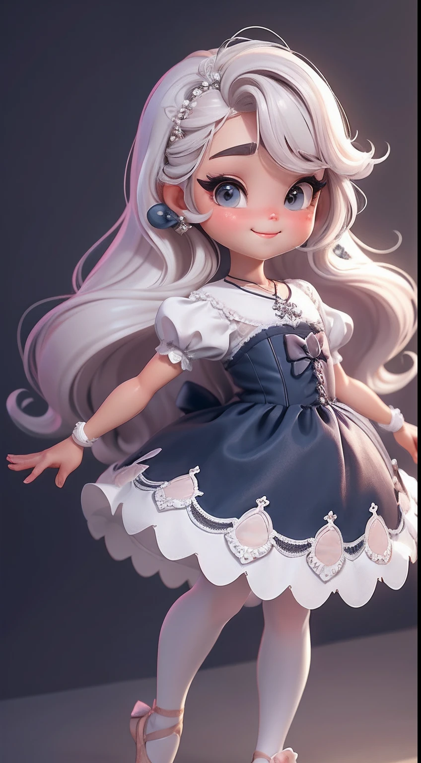 Create a series of cute  style chibi dolls with a cute ballet theme, each with lots of detail and in an 8K resolution. All dolls should follow the same solid background pattern and be complete in the image, mostrando o (corpo inteiro, incluindo as pernas: 1.5)

Boneca Mini bailarina: Chame-a de Marina. Ela deve ter cabelos preto moreno presos em um coque alinhado. Seus olhos devem ser grandes e expressivos, with long eyelashes and rosy cheeks. Sorriso delicado e branco. modern accessories. Marina must be dressed in a ballet dress. She must carry ballet accessories. Certifique-se de adicionar detalhes nas roupas, como saias e brilho, sapatilha bonito

Certifique-se de adicionar sombras, texturas e detalhes nos cabelos, roupas, Ballet utensils, to make them even more adorable and charming.