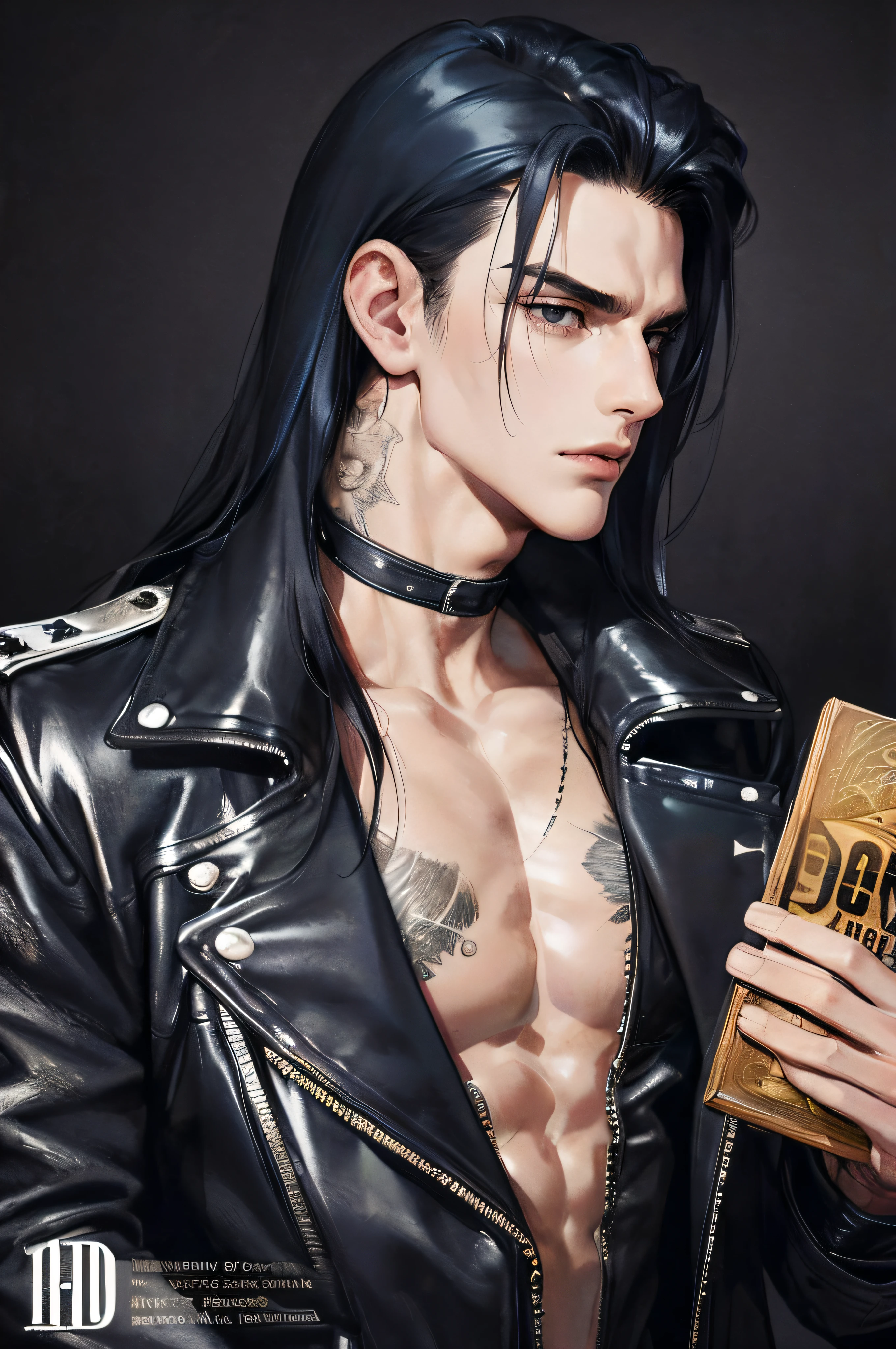 cover for a book, photography of a heavy metal star, a solo man, (((man))), (masculine face), 25 years old, singer, bad boy, (black eyes), expressive look, long dark blue black hair, (((bar background))), straight hair, blueshine hair, unshaven, black leather jacket, long sleve jacket, leather pants, chest tattoo, super detailed face, perfect body, perfect shapes, realistic image, award winning photography, 8k,