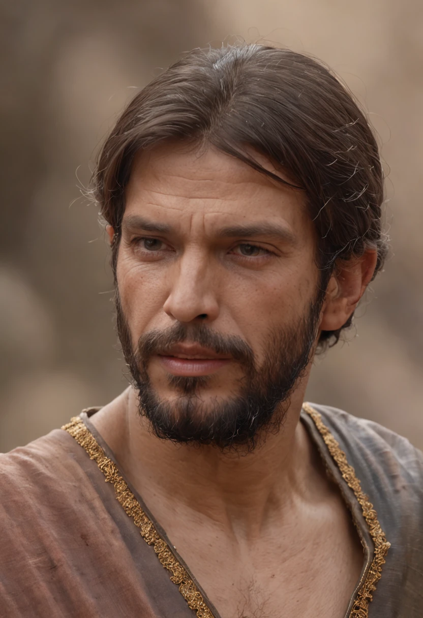 Uma imagem de MARIA MADALENA, as described in the Bible. Ele deve ser retratado como um homem com cabelos longos e barba, wearing simple period clothes. He should have a serene and loving expression on his face, and may be surrounded by his disciples or performing a miracle. The image must be faithful to biblical descriptions and represent the divine nature of St.... JOSEPH, 4k, fotorrealista, de alta qualidade, obra-prima, cinematic  composition, slow-motion, (grisalhos:1.2), corrente e armadura de placa, (realista e detalhada|Armadura intrincada:1.1), (visible face:1.3), (Fisionomia fotorrealista|olhos|irises|pele|Musculatura, pele detalhada, textura da pele, pele natural), (holding a sword in his hand:1. 2), Perspectiva frontal, pose imponente e determinada, Looking forward with determination, skin imperfections, rugas naturais da pele, manchas naturais da pele, roupas altamente detalhadas, detalhes abundantes, detalhes intrincado, rugas realistas na roupa, paisagem de fantasia medieval, clouded skies, castelo ao fundo ao longe, Radiant lighting, Sombras profundas, dramatic scene, paleta de cores escuras e frias, tons de azul e cinza, Nenhum outro personagem na cena, detalhes abundantes|intrincado, paisagem detalhada, volumeric lighting, (Detailed lighting), (reflexos de luz detalhados na armadura:1. 1), 8k, altamente detalhado, UHD, HDR, photorealistic facial expression|penteado, 4k, MARIA MADALENA