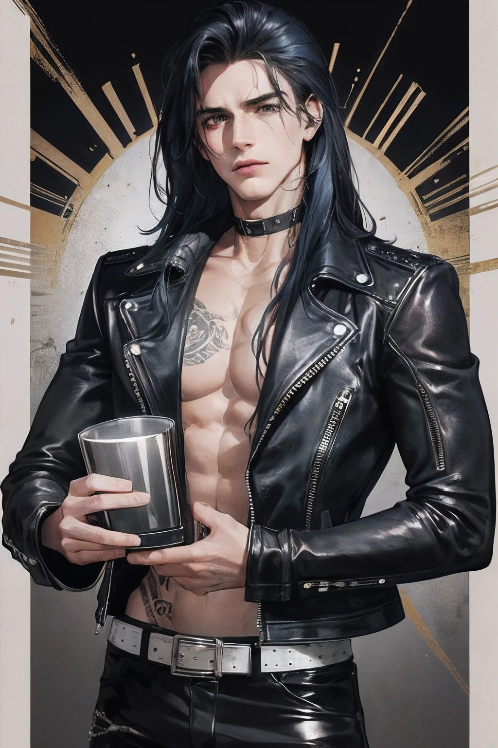 cover for a book, photography of a heavy metal star, a solo man, (((man))), (masculine face), 25 years old, singer, bad boy, (black eyes), expressive look, long dark blue black hair, (((bar background))), straight hair, blueshine hair, unshaven, black leather jacket, long sleve jacket, leather pants, chest tattoo, super detailed face, perfect body, perfect shapes, realistic image, award winning photography, 8k,