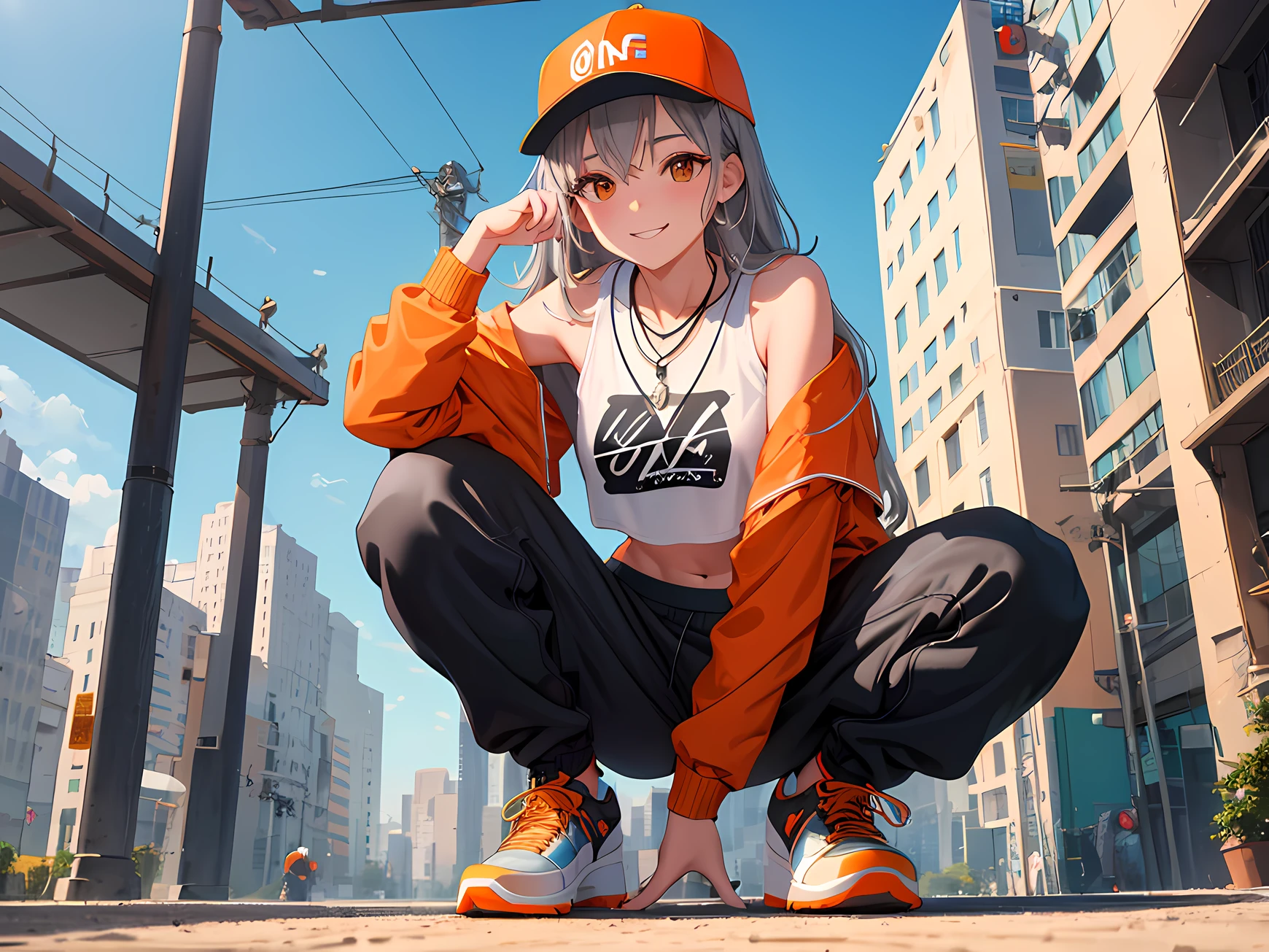 masterpiece, best quality, (1 girl), (solo), gray hair, orange eyes, baseball cap, necklace, crop top, sweatpants, outdoors, urban, small smile, looking at viewer, from below, squat, sneakers