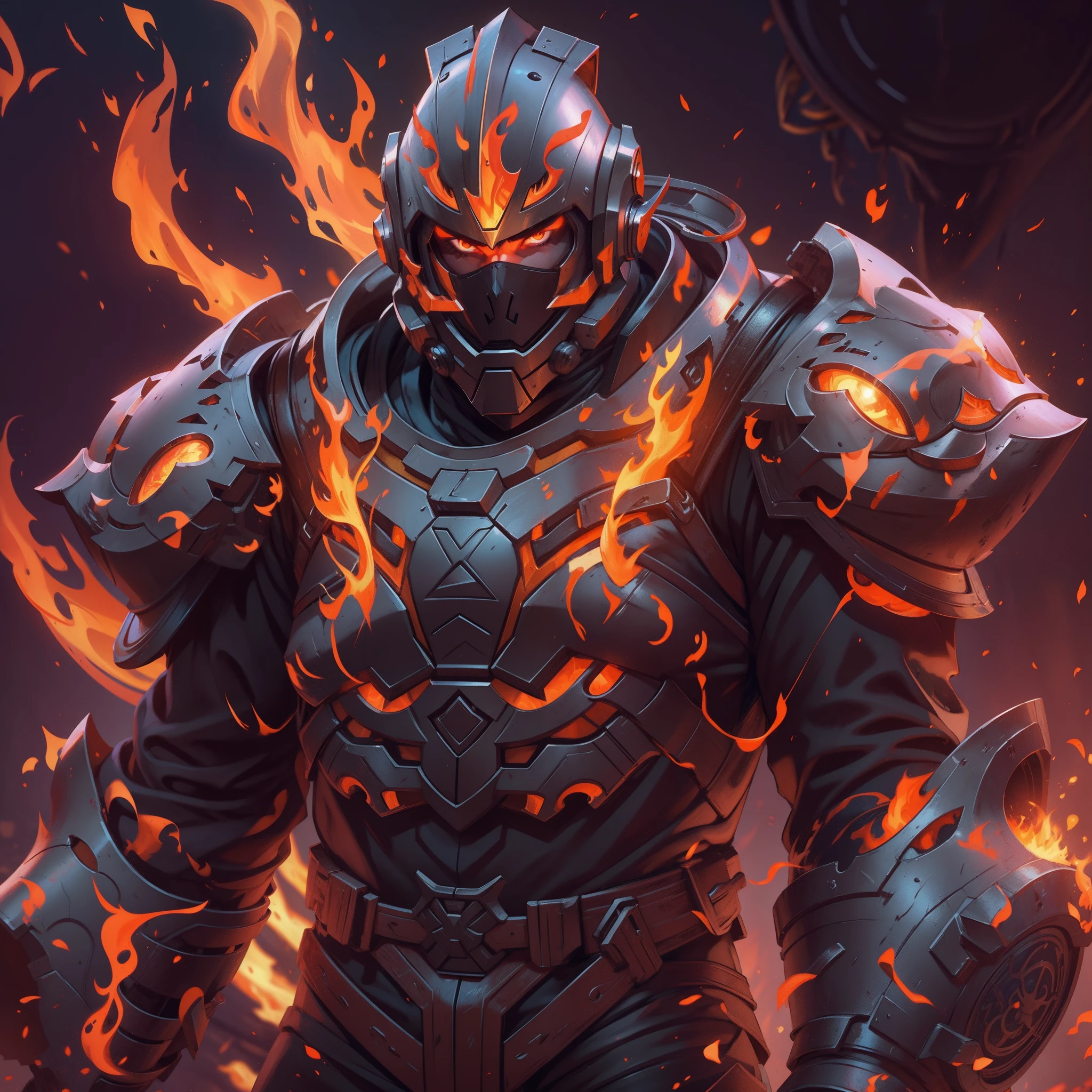 Behind him is a man in a helmet and armor with fire, octans. Trending on ArtStation, Daniel Maidman Octane Rendering, iconic character splash art, badass anime 8 k, character splash art, trending on artstation 4k, Lisa Nankeville, official splash art, G. Lulian Art Style, obsidians skin, character art the contra