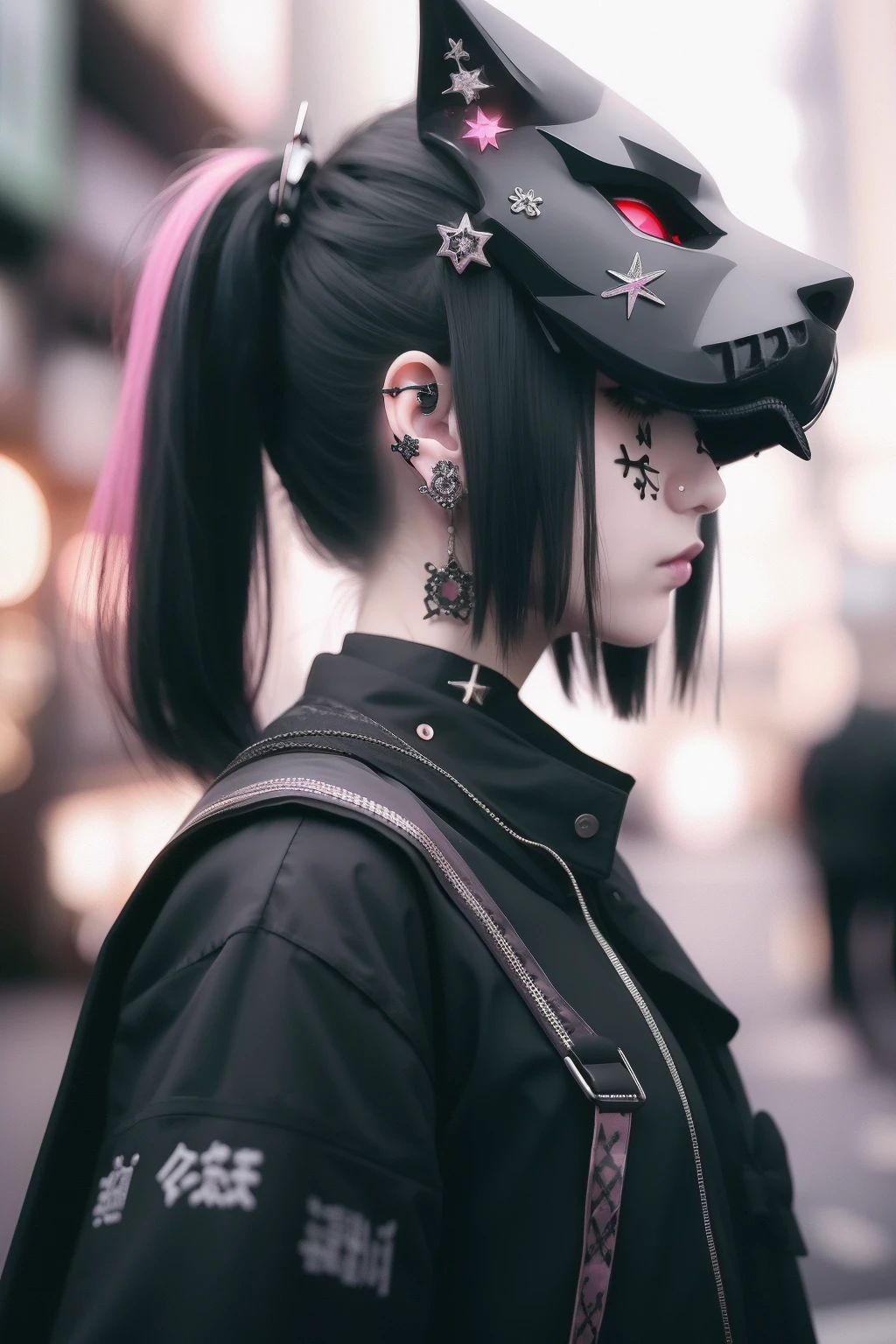 crosses、A dark-haired、A black、Pink hair、Black、Black hair、goth_punk, 1girl in, 独奏, medium shot, Walking in Harajuku, ((during night)), bokeh dof, Neon light, Iridescent eyes, starrysky, White shiny hair, White eyebrows, Radiant hair, (iridescent white hair), 耳Nipple Ring, bangss, jewely, masks, bluntbangs, verd s eyes, Mouth mask, blurry backround, bblurry, hair adornments, Look at viewers, shorth hair, portraitures, side locks