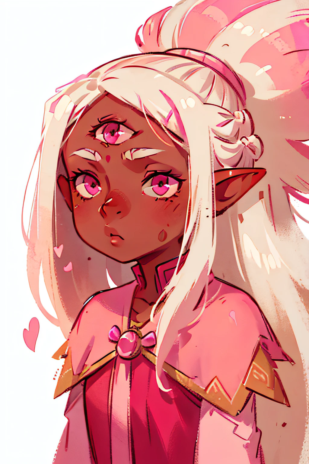 1girl, elven, brown skin, messy white hair, white hair with pink streaks, pink eyes, third eye, absurdres, masterpiece,