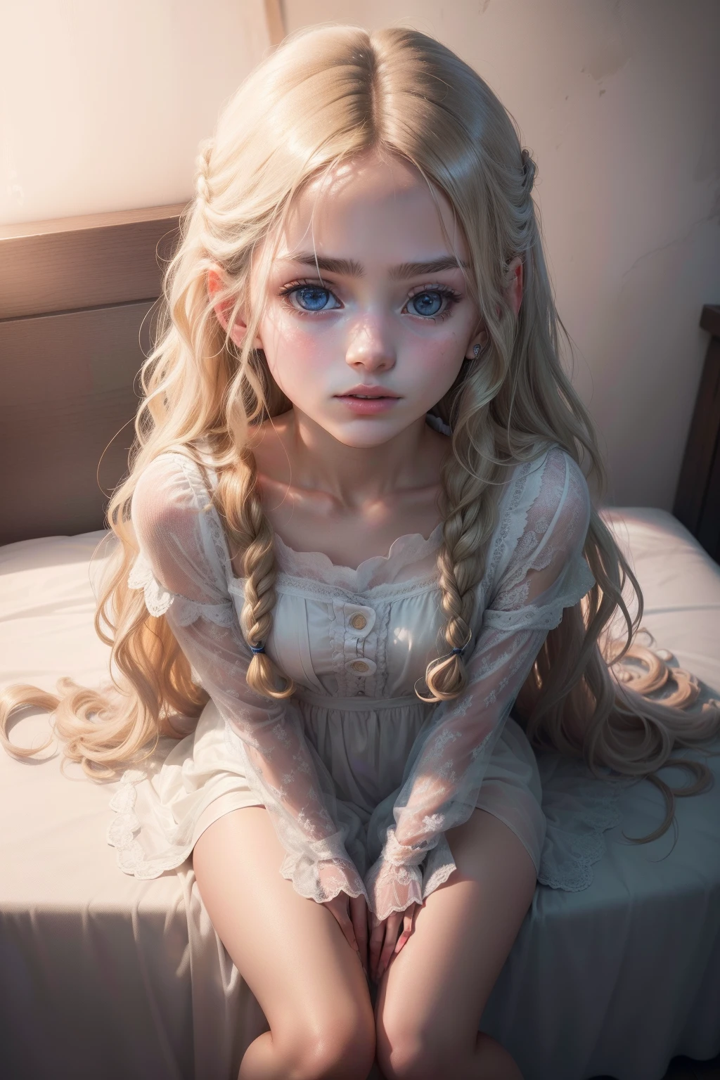 Photo of a 12-year-old italian girl, raw, Beautiful girl, (Extra long wavy blonde hair), ((Portrait)), ((Detailed face:1.2)), ((detailed facial features)), (finely detailed skin), pale skin, , wrapped in a sheet, Bedroom environment, Sitting on the bed, (cold color), moist, moist, Reflectors, (masutepiece) (perfectly proportions)(photos realistic)(Best Quality) (Detailed) photographed in a Canon EOS R5, 50mm Lens, F/2.8, nffsw, (8K) (Wallpaper) (Cinematic lighting) (Dramatic Lighting) (foco nítido) (Convoluted) Fashion, From above