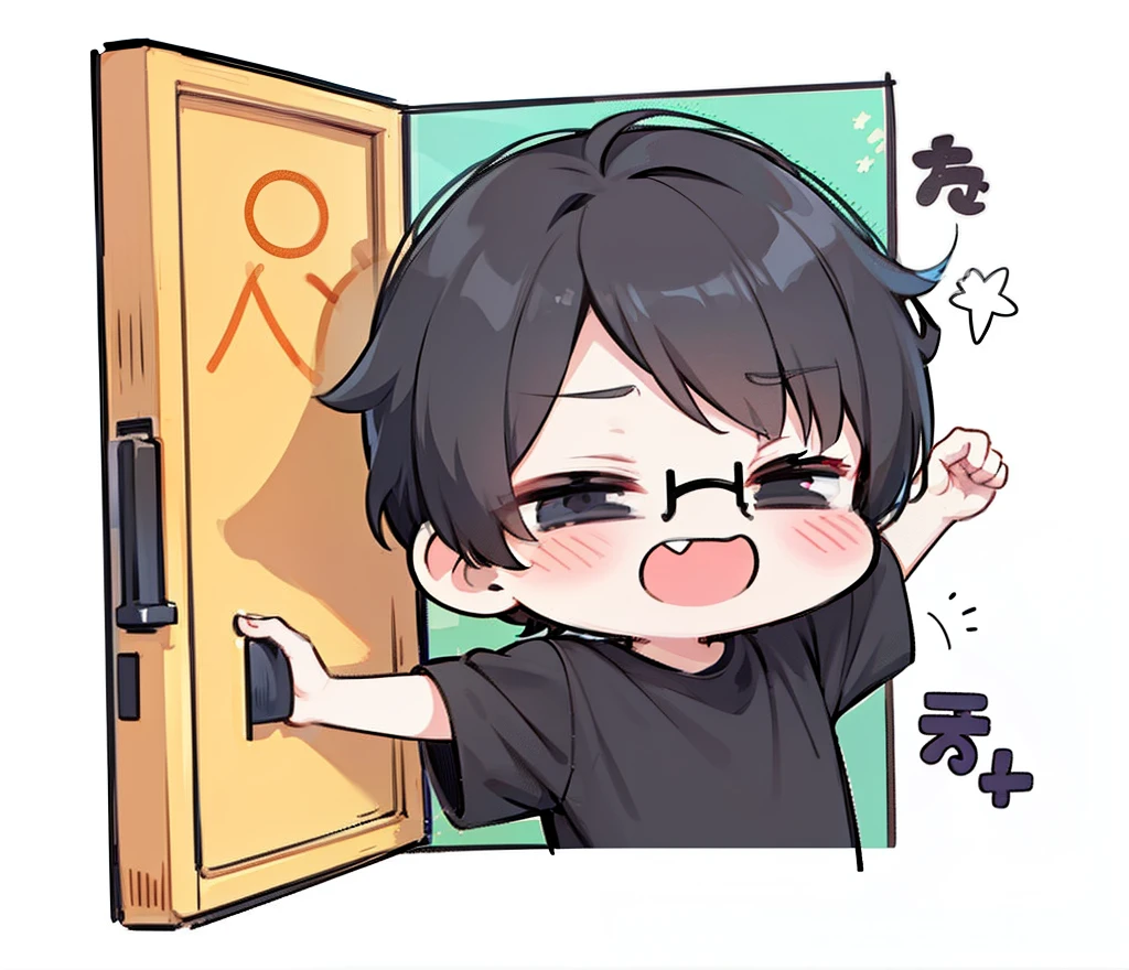 A cartoon boy in a black shirt, Pixiv, Mingei, Chibi, (Winking), Illustrated logo for a thin boy, Chibi style, chibi stickers twitch, Black hair parted to the side with circular black glasses, white skin, with a closed face Scared and thin.