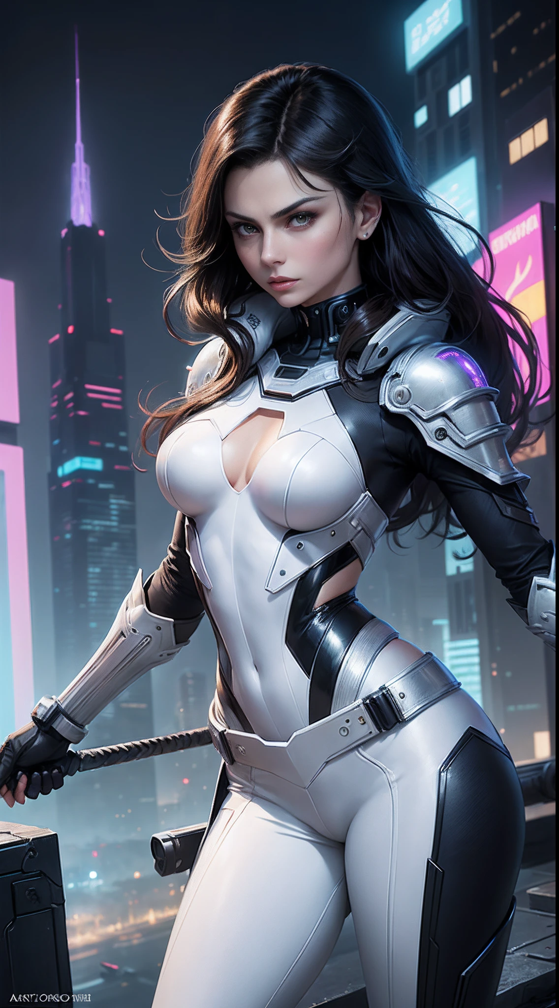 (Cate: similar to Morena Baccarin & A perfect face & White cyberpunk Full armor with pants & Ultra detailed hazel eyes & Tall & Slender & Pale skin & Dark brown hair cascading down to your shoulders & Small bust & hourglass figure),| She Is Running On The Rooftops, Dynamic Poses, Background Futuristic Night City,|  Naoko Takeuchi style,| --auto