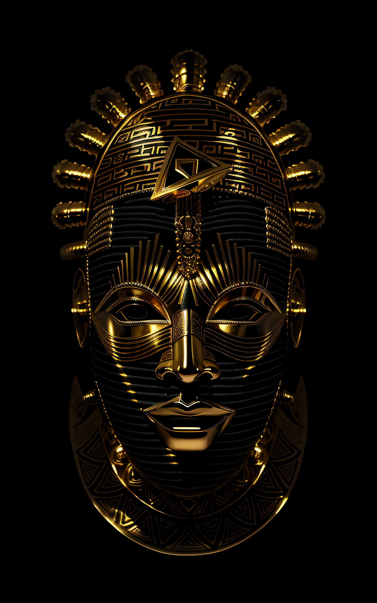 a closeup of a golden mask on a black background, Afrofuturismo, Afrofuturista, Mask of african god, african mask, rosto intrincado, tribal mask, Estilo Afrofuturista, dmt ego da morte, africano, detailed symmetrical face, intrincado rosto detalhado, Obunga, Assumiu o iPad, symmetical face, Enigmatic!!, intricate mask, dmt deus