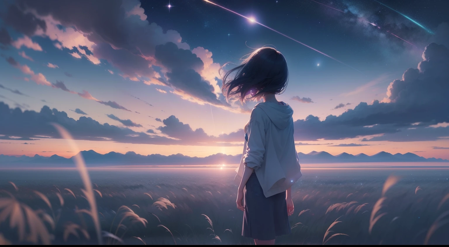 /imagine prompt: A slender young person standing on a vast open field, with a gentle breeze blowing through their hair. They look up at the sky, filled with confidence and hope. The sky is filled with sparkling stars and colorful lights, as if it's a wonderful world of new cognition, by Makoto Shinkai --niji 5