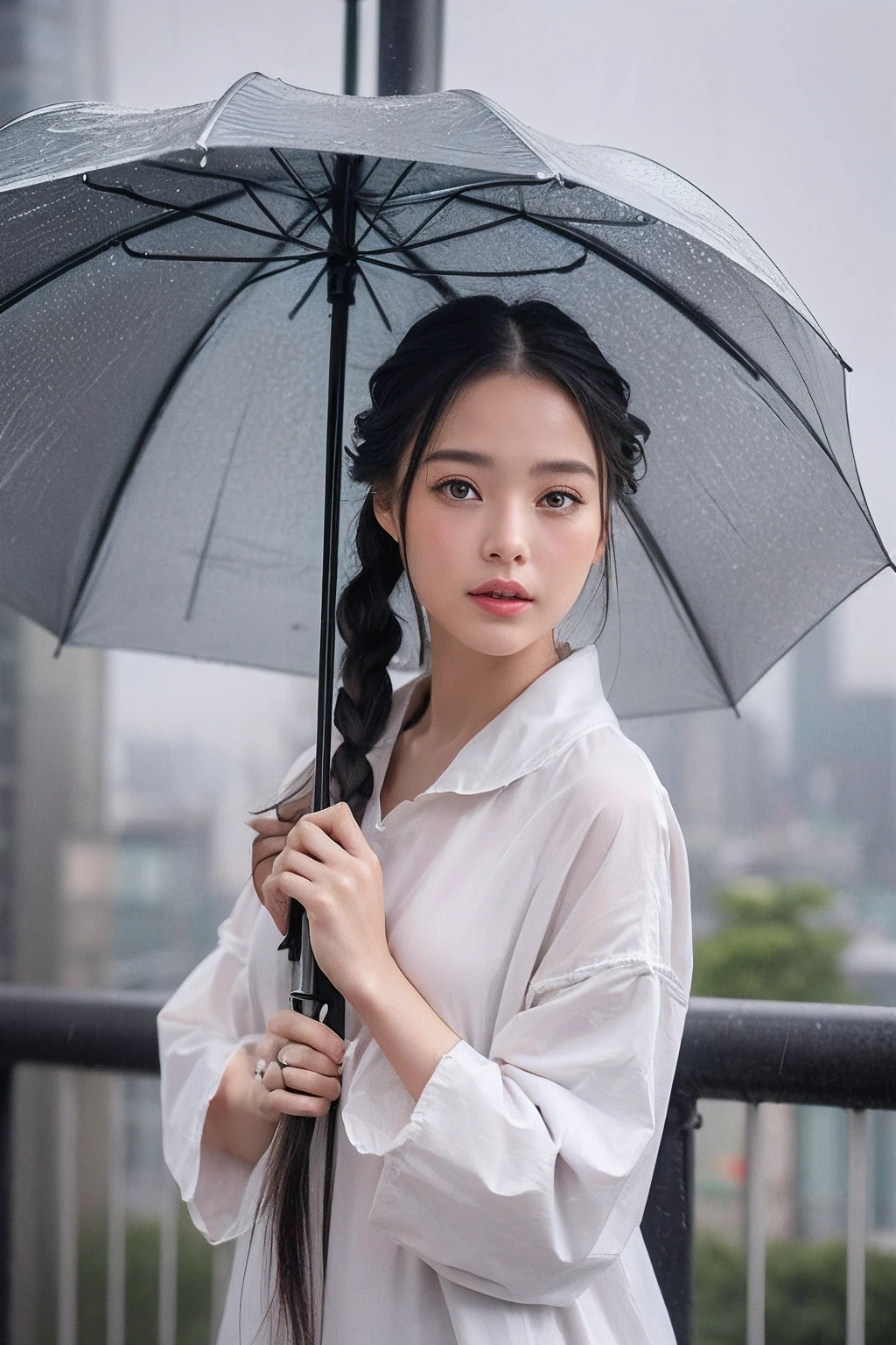 (extra detailed body、extra detailed face、best qualtiy:1.2)、femele、looking at the viewers、(Holding an umbrella。Braided hairstyle、Rainy Day Outfit)、(Tokyo cityscape in the background:1.4)