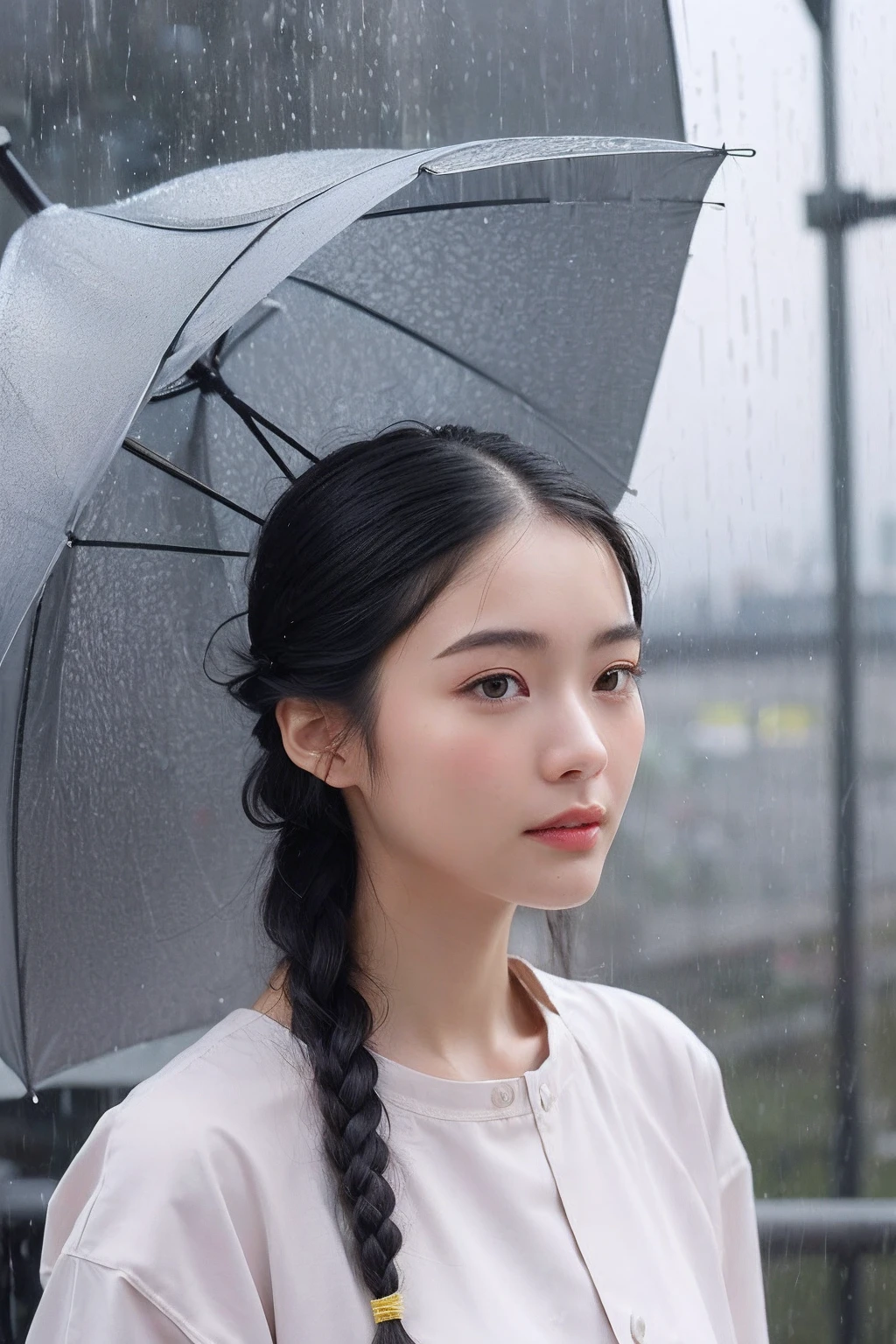 (extra detailed body、extra detailed face、best qualtiy:1.2)、femele、looking at the viewers、(Holding an umbrella。Braided hairstyle、Rainy Day Outfit)、(Tokyo cityscape in the background:1.4)