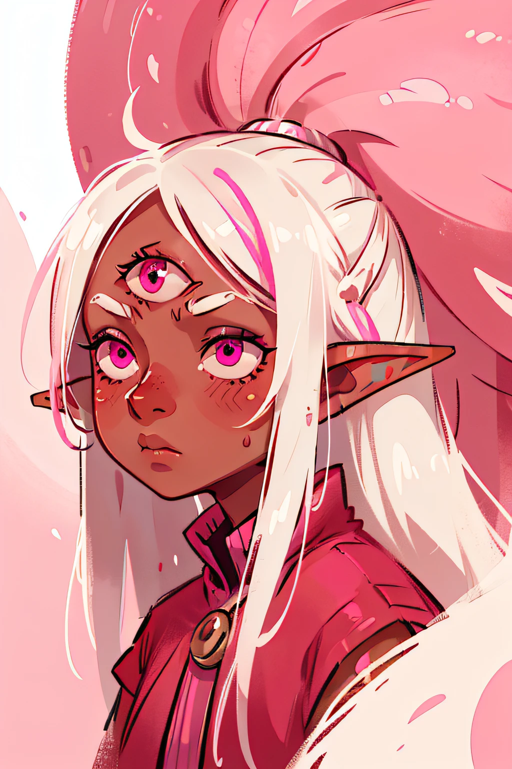 1girl, elven, brown skin, messy white hair, white hair with pink streaks, pink eyes, third eye, absurdres, masterpiece,