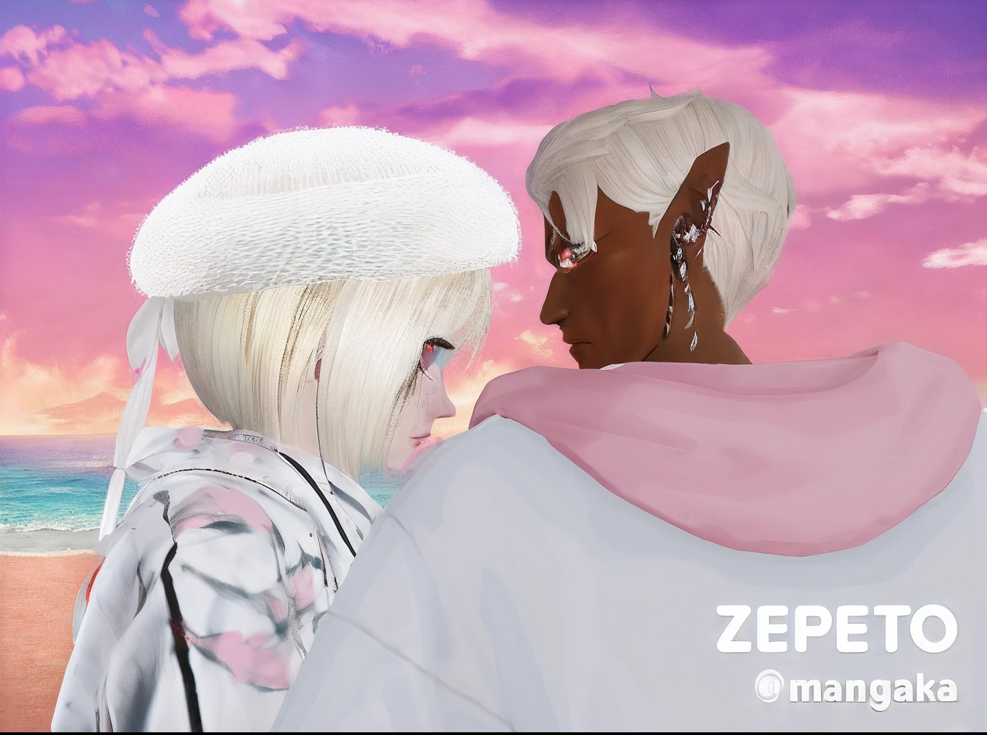 There are two people standing on the beach with a pink sky, inspirado em Jang Seung-eop, Avatar do Second Life, inspirado em Ren Renfa, vestindo vestes brancas!, inspirado em Manabu Mabe, 📷 Mungojerrie e Rumpleteazer, inspirado em Zeen Chin, foto de perfil 1024px, <Cena MMORPGS, Tumblr