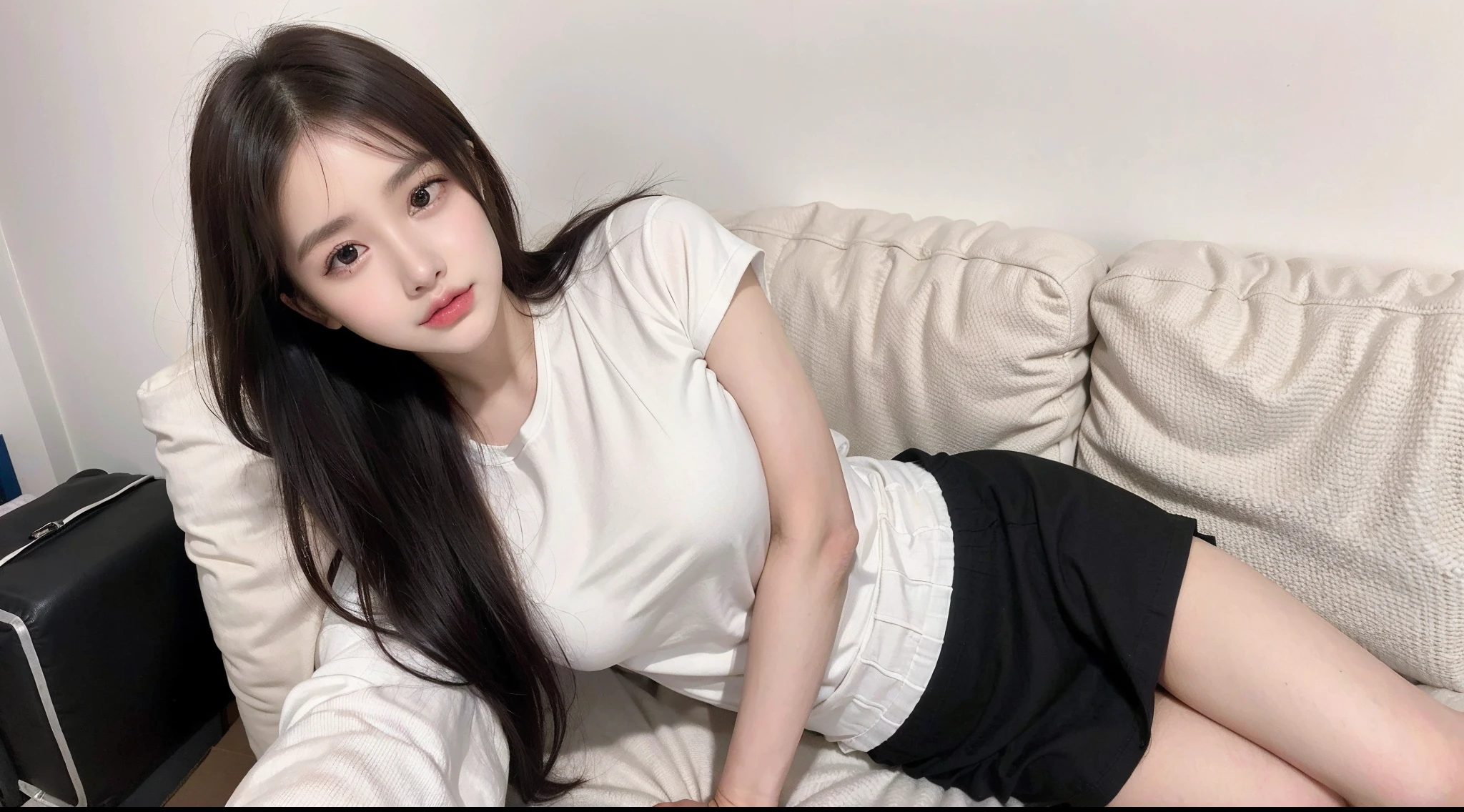 (Highest quality, Hyper-realistic, Super dense, very detailed illustration, Best image quality:1.2, very detailed illustration), (Background, coffeehouse):1.1, (White color blouse, Black pencil skirt), (1womanl:1.2, Solo), (Cowboy shot:1.2), (Model-like body type), White skin, (Layered hair), (Dark brown hair), (Japanese, 18-year-old woman), (Smiling:0.8), sitting in the couch，Shoot from above