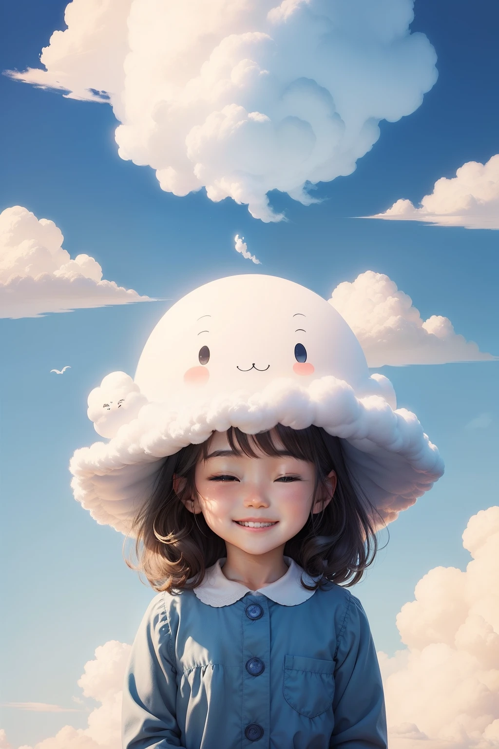 Illustrations, children's books,
Draw a cloud with a smiling face in the cloud. The shape of the cloud should express fluffiness, and the smile should be gentle and joyful. Please draw the clouds in natural harmony with the blue background of the sky.