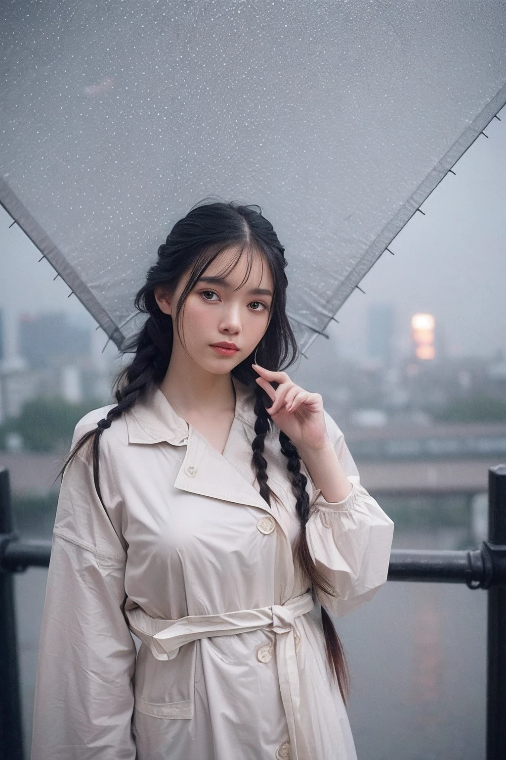(extra detailed body、extra detailed face、best qualtiy:1.2)、femele、looking at the viewers、(Holding an umbrella。Braided hairstyle、Rainy Day Outfit)、(Tokyo cityscape in the background:1.4)