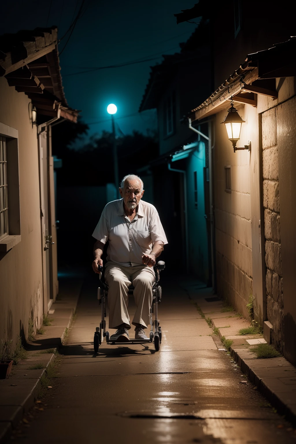 old man paraplegic Ghost. em uma cadeira de rodas. entrando numa casa velha. de noite