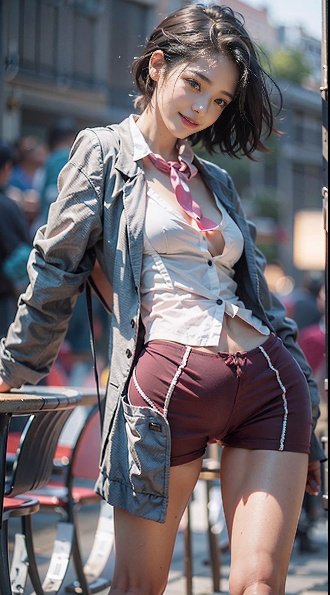 NSFW, 1girl in, Well-formed face, Ideal ratio body proportions, Sunnyday, Modern old cityscape, (((all-fours))), ((Raise your buttocks)), emphasis on the buttocks, ((blazers)), Pink Panties, panties focus, Smiling smile, de pele branca, A slender, Dark hair, short-hair, beauty legs, Small buttocks, surrealism, Cinematic lighting, depth of fields, One-person viewpoint, F/1.8, 135 mm, canon, nffsw, masutepiece, ccurate, Anatomically correct, Textured skin, Super Detail, high details, High quality, awardwinning, Best Quality, hight resolution, 1080p, 4K, 8K