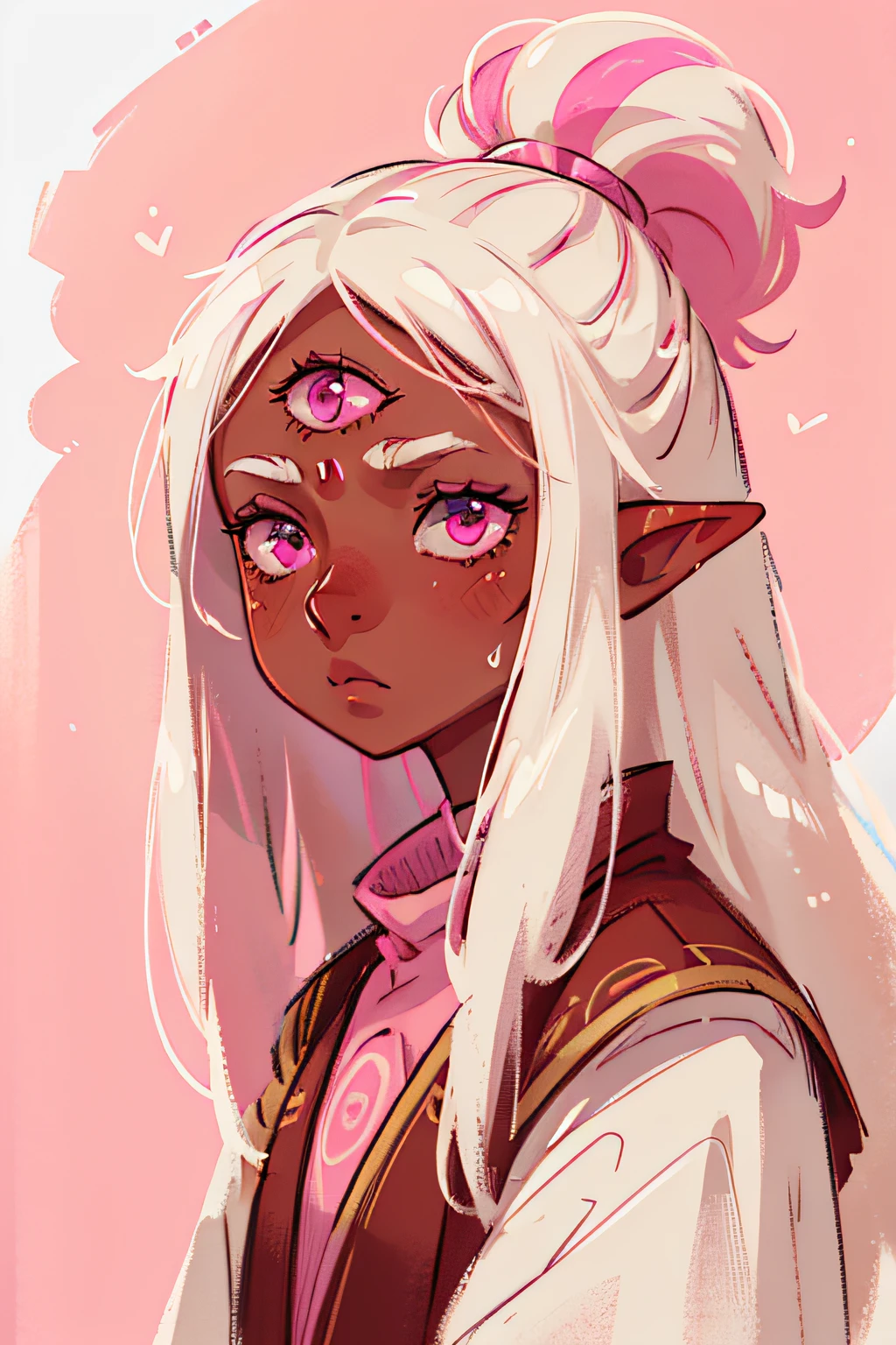 1girl, elven, brown skin, messy white hair, white hair with pink streaks, pink eyes, third eye, absurdres, masterpiece, highest quality