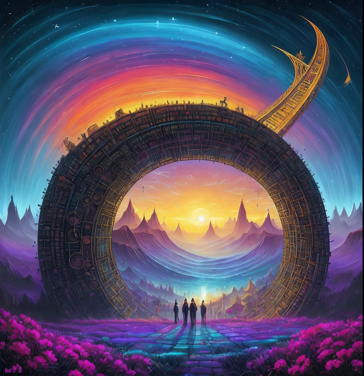 grupo de orquestra, um hipercubo com um fundo espiral, Epic Music album cover, arte de fundo, epic surrealism 8k oil painting, album cover concept art, arte do bipe, music album art, inspirado em Cyril Rolando, Dan Mumford Tom Bagshaw, epic stunning atmosphere, Harmonia do Universo, surreal mystical atmosphere, music album cover, Psychedelic, terror, Lovecraft