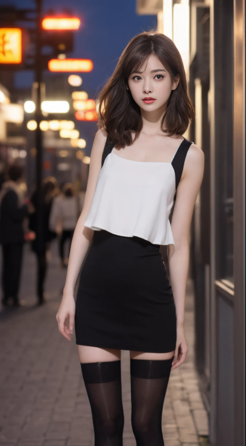 ((Realistic lighting, Best quality, 8K, Masterpiece: 1.3)), Clear focus: 1.2, 1girl, Perfect body beauty: 1.4, Slim abs: 1.1, ((dark brown hair)), (White dress: 1.4), (Outdoor, night: 1.1), City Street, Super Fine Face, Fine Eyes, Double Eyelids, (Over the knee black stockings: 1.5)