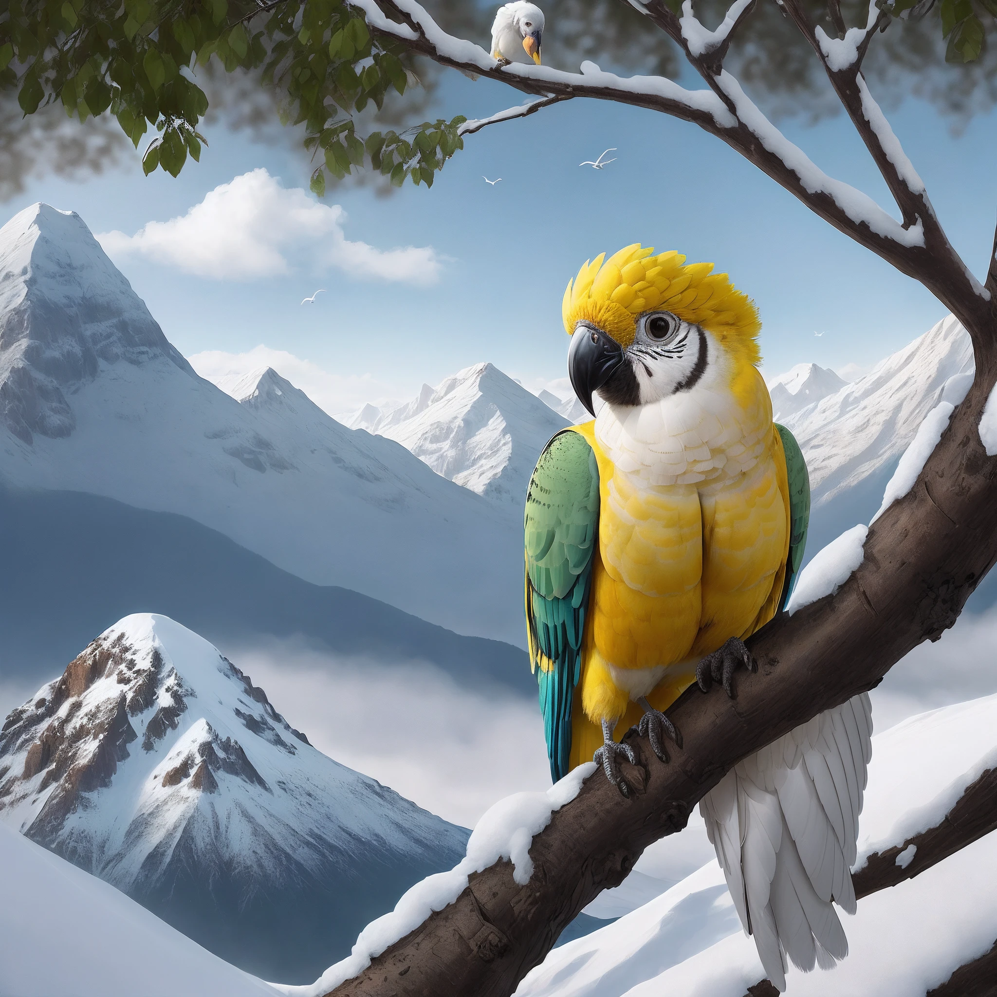 Estilo quadrinhos dos anos 80),(ultradetalhado),(disco Rigido),(alta qualidade),(best quality),Bird in tree,cacatua,crista abaixada,Bird Watcher,stunning scenery,3 montanhas,montanhas lado a lado,topo de cobertura de neve, Neve branca, tempo nublado, sol escondido, 5 trees, 3 green trees, 2 yellowish trees, Bird in white circle, Yellow-winged bird, yellow-faced bird, medium brightness colors, Bird in the center