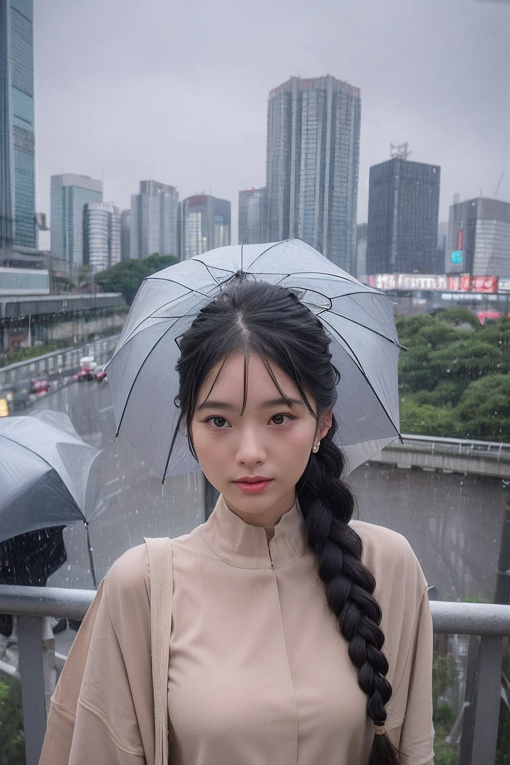 (extra detailed body、extra detailed face、best qualtiy:1.2)、femele、looking at the viewers、(Holding an umbrella。Braided hairstyle、What to wear for rainy days)、(Tokyo cityscape in the background:1.4)