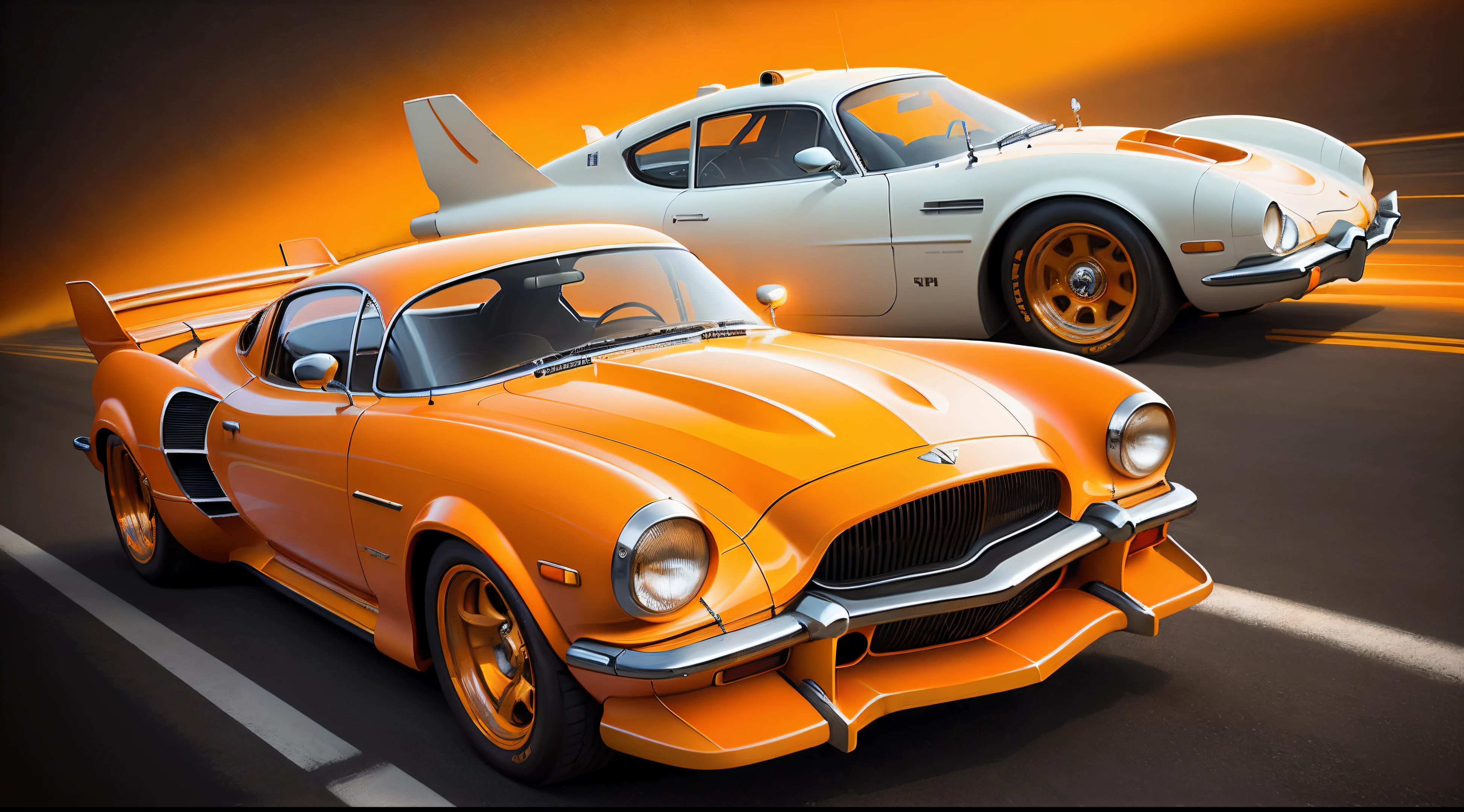 painting of a classic car in a orange and white color, an airbrush painting , trending on polycount, retrofuturism, stylized digital illustration, highly detailed hyper real retro, stylized digital art, in style of cyril rolando, cinema 4d colorful render, art deco outrun anime aesthestic, colorful vivid octane render