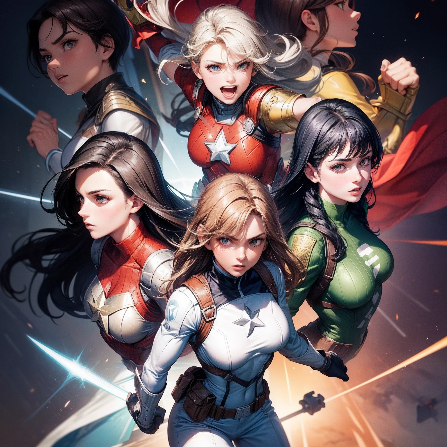 Um jovem homem confiante de 23 anos sob os holofotes, surrounded by several strong and empowered women, much like the iconic Avengers posters. The young man has a charismatic and heroic presence, Exuding self-confidence and leadership. Their costumes are a mix of modern and classic superhero elements, simbolizando seu papel de figura unificadora entre o grupo. Each of the women around you represents unique strengths and qualities, mostrando diversidade no design de personagens e habilidades. The composition should capture the essence of teamwork, forza, e unidade, evoking the spirit of a formidable superhero team.