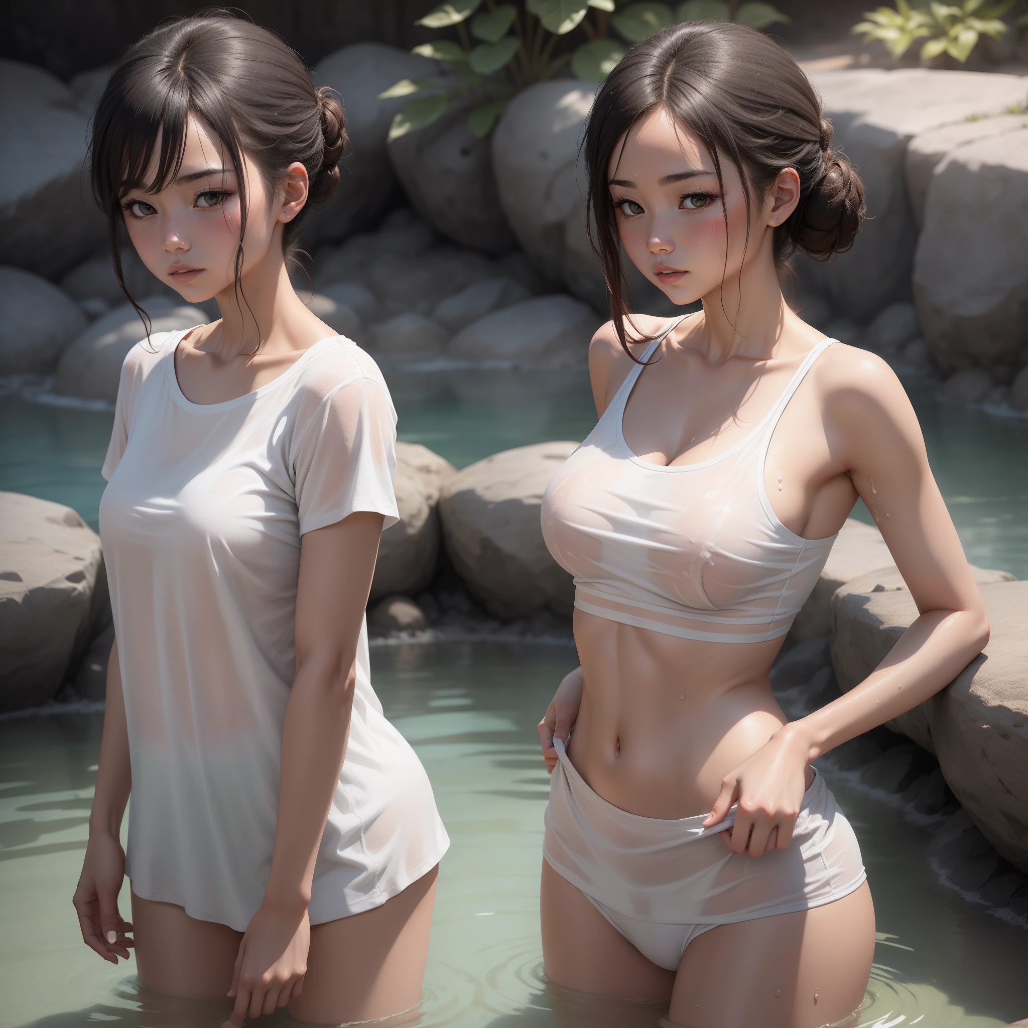 Woman in thin white T-shirt，Soak in the hot springs，Soaked all over