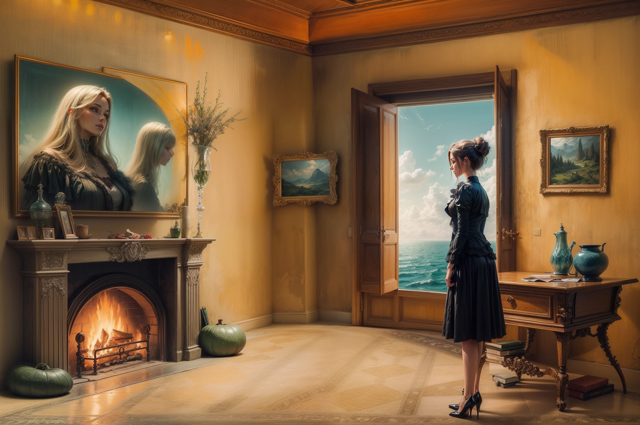 Imagine a captivating long shot of an elegant and poised woman, extremely detailed face, 在灯光昏暗的艺术studio中完全沉浸在观察萨尔瓦多·达利的超现实杰作中. studio, A paradise for artistic endeavours, Filled with an eclectic collection of paintings, Every whispered dream and fantasy story. Skylights above bathe the room in soft light, natural luster, Contrast with vibrant neon lights,Create an ethereal atmosphere throughout the space. woman, Dress to reflect elegant taste, Stand in full view, The interplay of neon and natural light elegantly outlines her silhouette. This scene, Shot using the technical capabilities of Canon 5D Mark IV, Resonate with the rich, The vibrant colors and fine texture of Kodak Ektar film, Every detail is rendered with stunning clarity and depth.