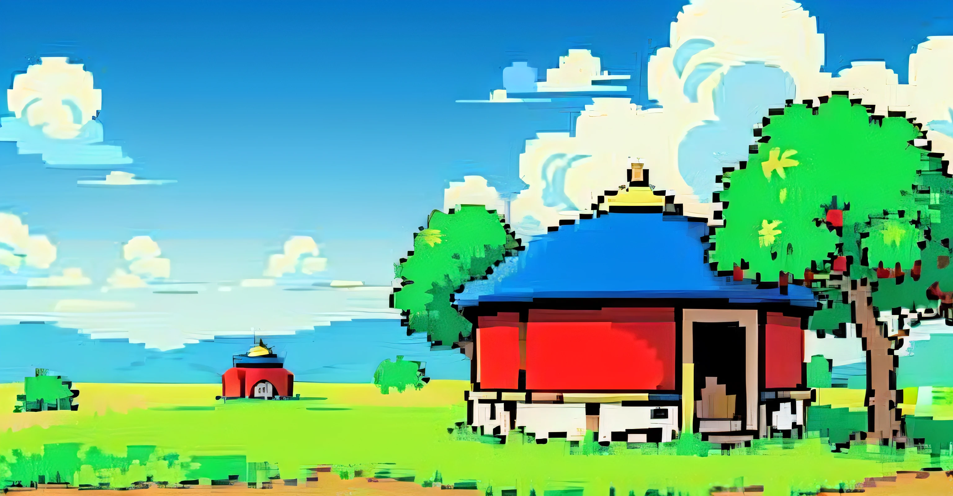 Pixel-style illustration，Inner Mongolia，with blue sky and white clouds，large grassland，apple trees，yurts