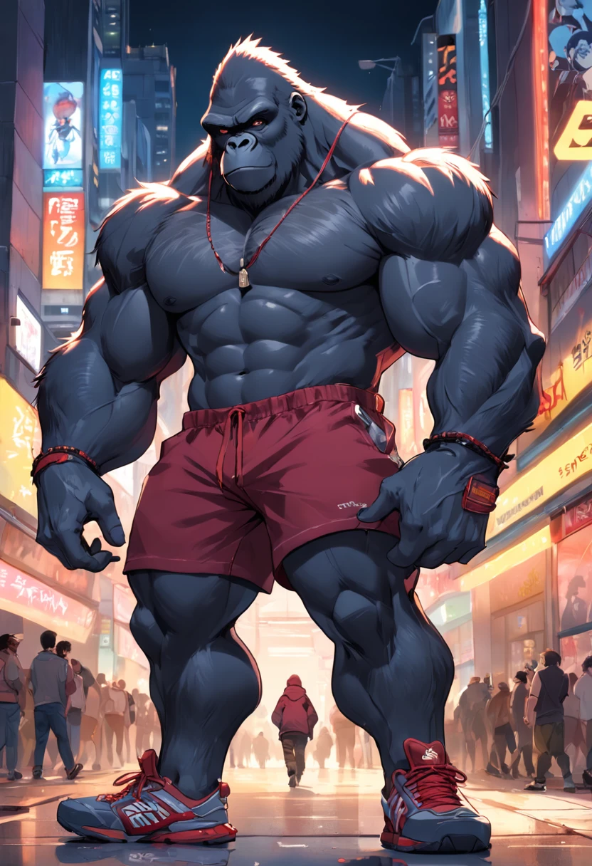 ((foto crua)), ((obra-prima)), Anthropomorphic humanoid gorilla wearing (((roupas de streetwear))), caminhando furiosamente entre as pessoas, detalhe intrincado, intricate Greebles pieces, city behind, corpo musculoso, (((large muscles))), muscular arms, (small head), Ogro monstruoso, Titan soft lighting, Hiper realista, soft-lighting, Ambiente sinistro