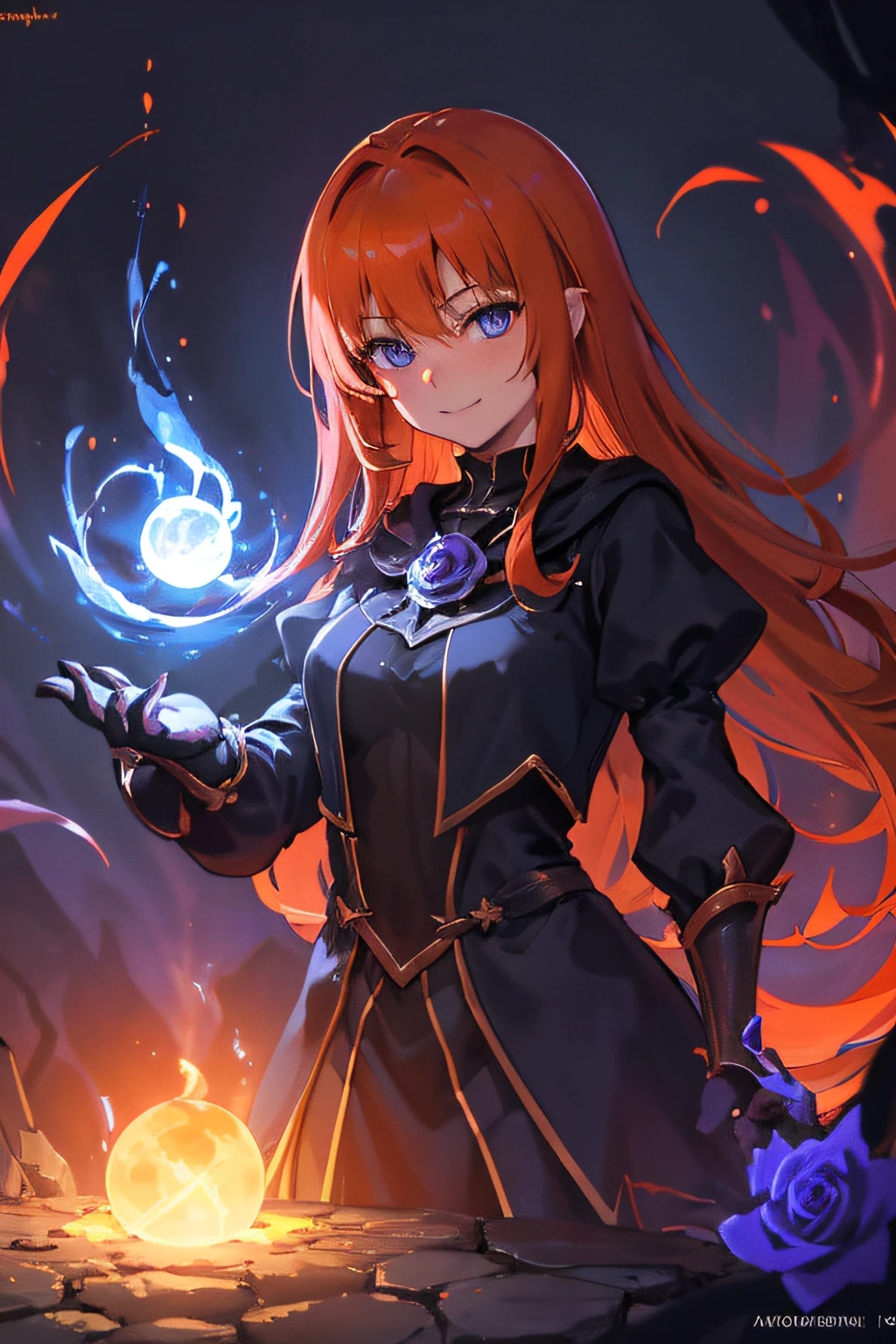 deep blue eyes, dark orange hair , masterpiece, best quality, detailed background, ultra detailed eyes, beautiful, amazing, perfect, beautiful light, scenery, smile, shiny eyes, straight-on,magic, aura, power, powerful, amazing, awesome, shadow magic, shadow mage, dark mage, sorcerer, darkness, purple theme, dark seer, Original Character, Fantasy Concept Art, Volumetric Lighting, Best Shadows, Shallow Depth of Field, Dignified, Poleyn, Texture, Looking At Viewer, Glaring Sunlight, Rose Garden, Rose Thornbush, (Highest Quality, Amazing Details:1.25), (Solo:1.3), Brilliant Colorful Paintings