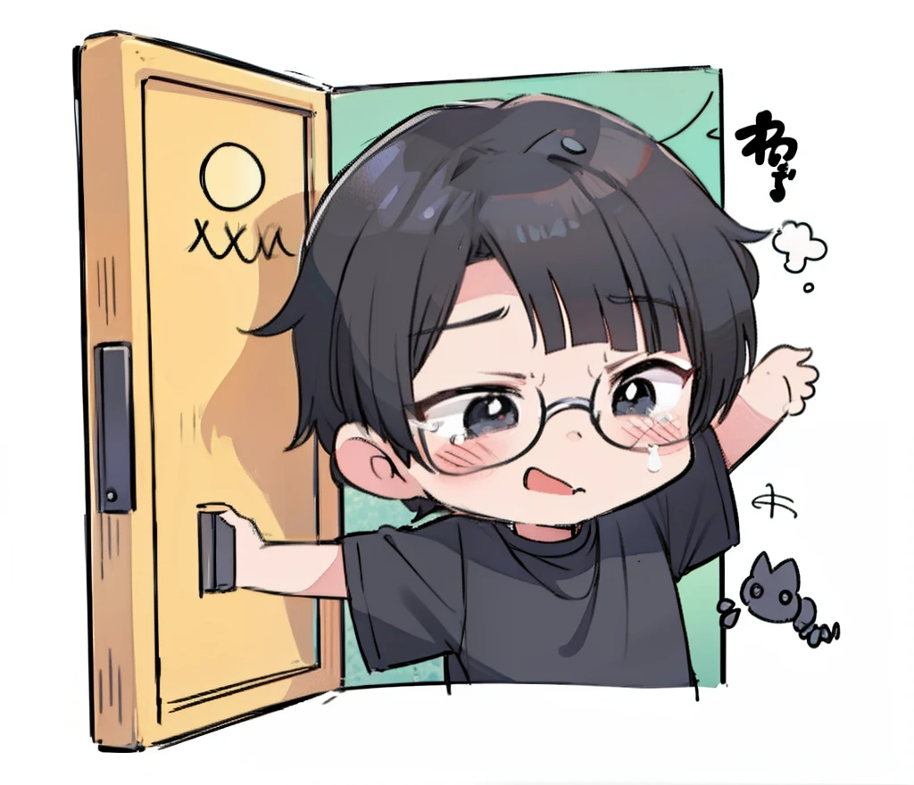 A cartoon boy in a black shirt, Pixiv, Mingei, Chibi, (Winking), Illustrated logo for a thin boy, Chibi style, chibi stickers twitch, Black hair parted to the side with circular black glasses, white skin, with a closed face. Scared and shedding tears.