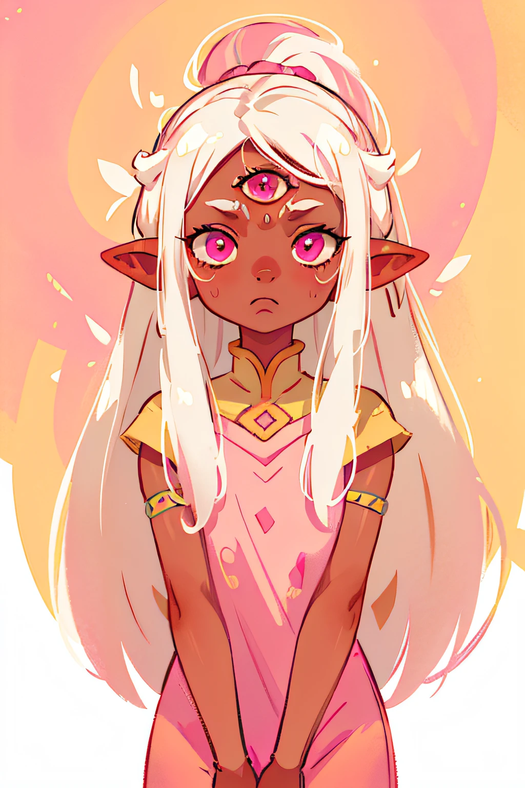 1girl, elven, brown skin, messy white hair, white hair with pink streaks, pink eyes, third eye, absurdres, masterpiece, highest quality, pastel yellow