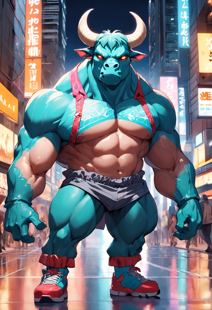 ((foto crua)), ((obra-prima)), Anthropomorphic humanoid bull wearing (((roupas de streetwear))), caminhando furiosamente entre as pessoas, detalhe intrincado, intricate Greebles pieces, city behind, corpo musculoso, (((large muscles))), muscular arms, (small head), Ogro monstruoso, Titan soft lighting, Hiper realista, soft-lighting, Ambiente sinistro