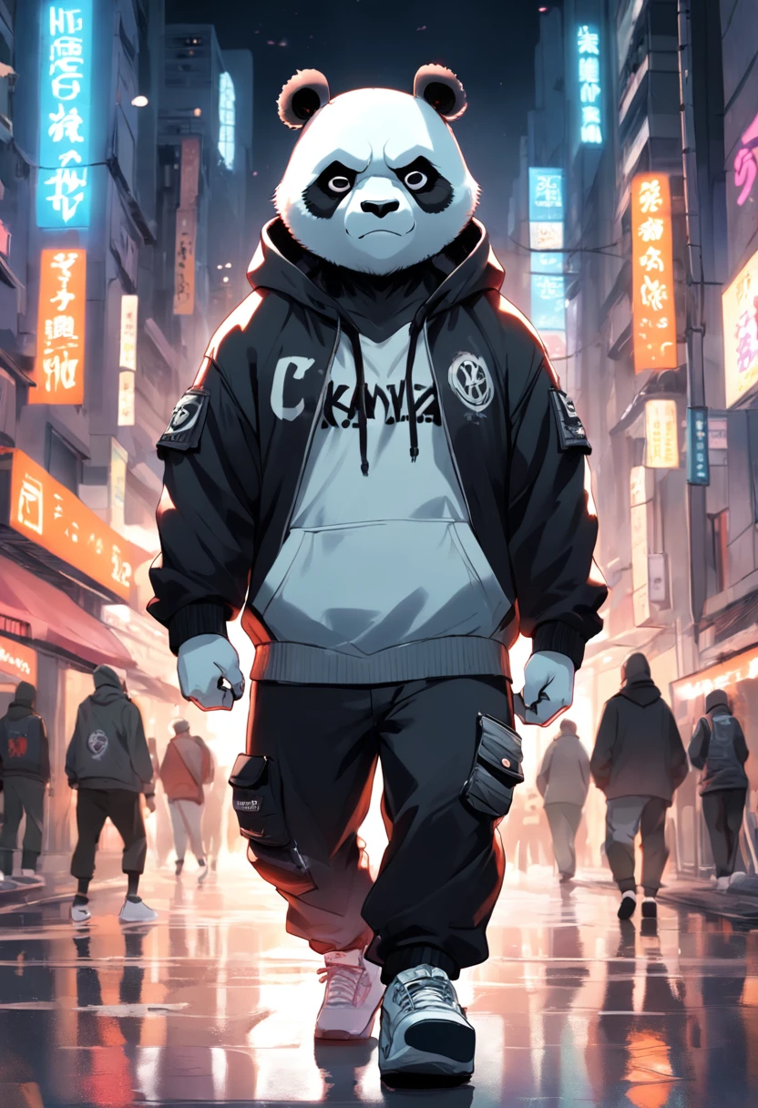 ((foto crua)), ((obra-prima)), Anthropomorphic humanoid panda wearing (((roupas de streetwear))), caminhando furiosamente entre as pessoas, detalhe intrincado, intricate Greebles pieces, city behind, corpo musculoso, (((large muscles))), muscular arms, (small head), Ogro monstruoso, Titan soft lighting, Hiper realista, soft-lighting, Ambiente sinistro