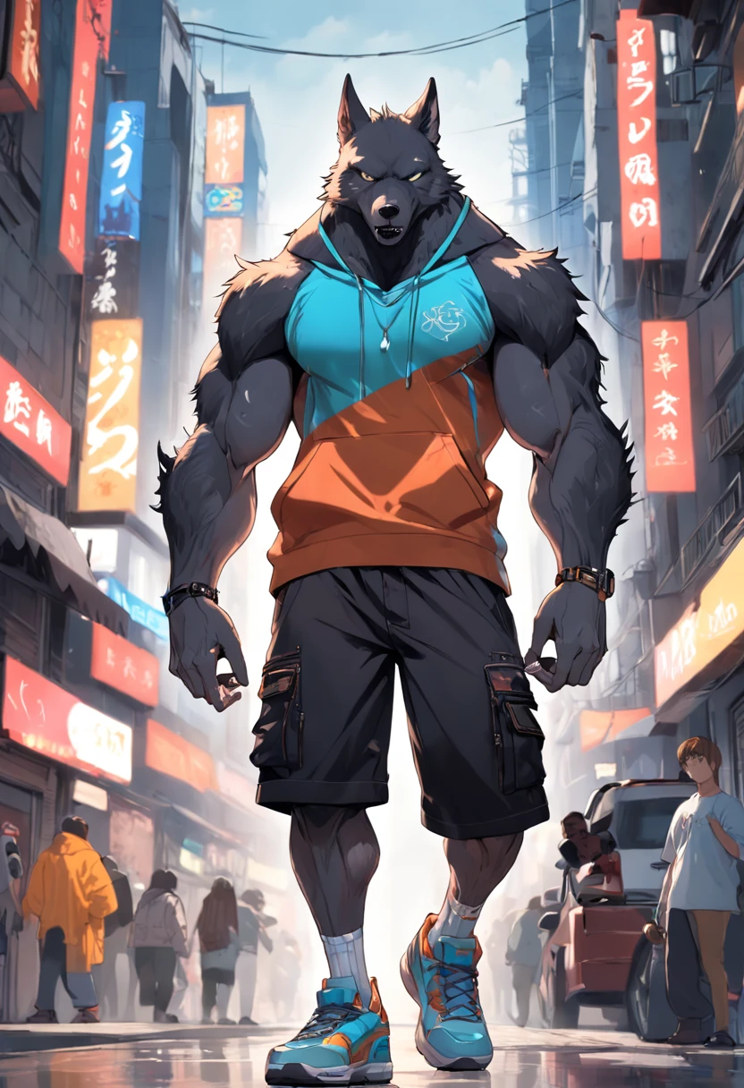 ((foto crua)), ((obra-prima)), Anthropomorphic humanoid wolf wearing (((roupas de streetwear))), caminhando furiosamente entre as pessoas, detalhe intrincado, intricate Greebles pieces, city behind, corpo musculoso, (((large muscles))), muscular arms, (small head), Ogro monstruoso, Titan soft lighting, Hiper realista, soft-lighting, Ambiente sinistro