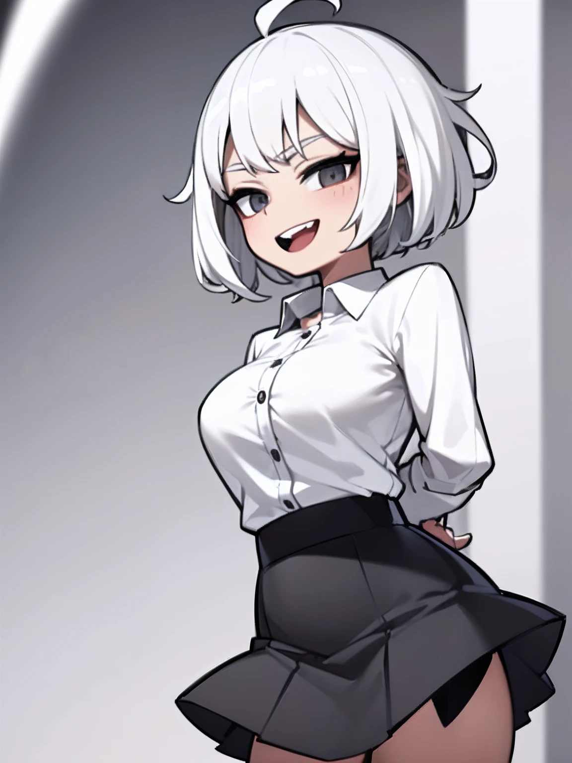 ((masterpiece, best quality)), (1girl), (solo), (female focus), (ahoge, white hair, short hair), black eyes, light smile, open mouth, ((white shirt), (buttoned shirt), (button gap)), ((black skirt), (short skirt)), standing, white background, arms behind back, dynamic angle