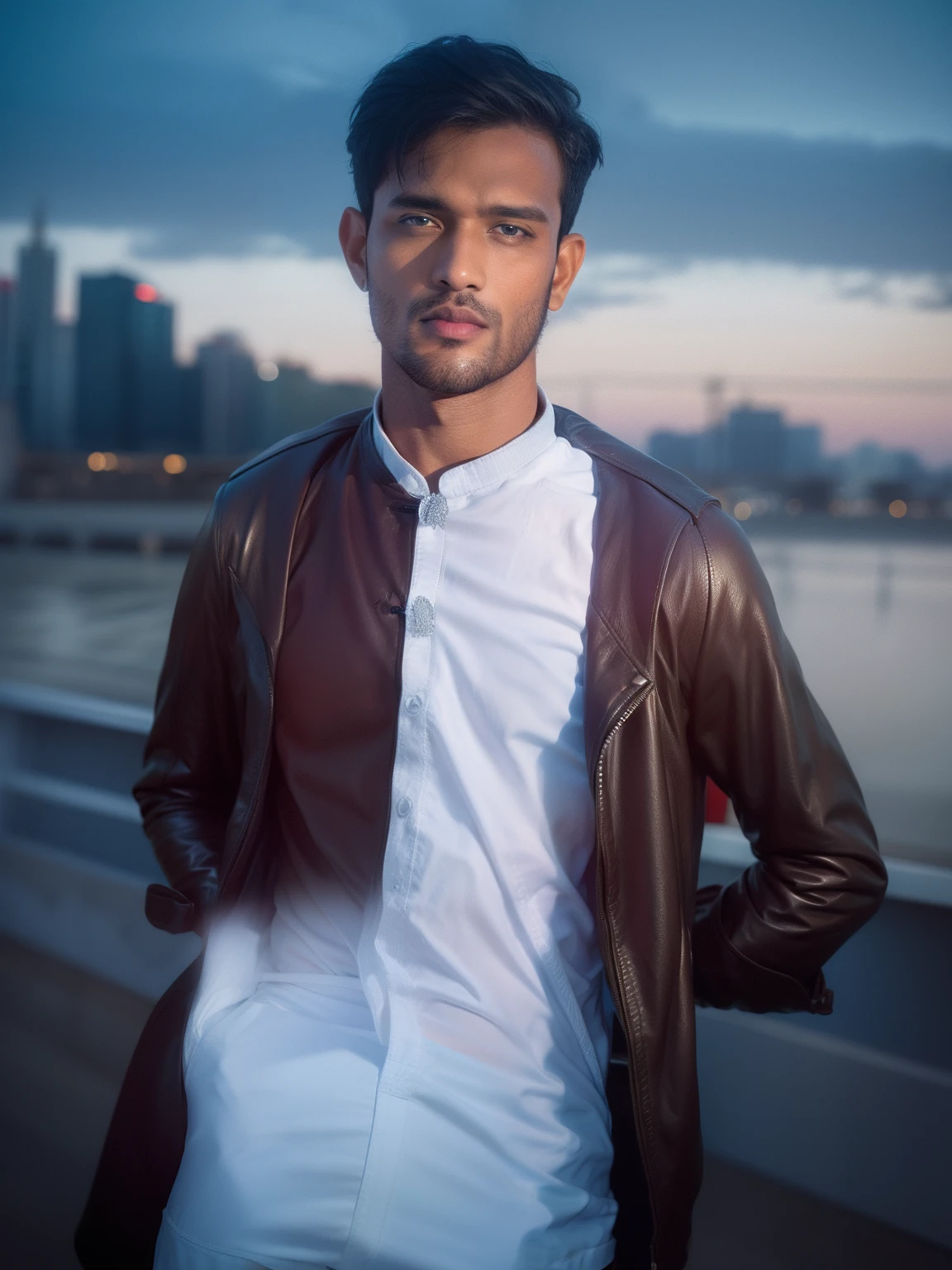 1boy, looking at viewer, short hair, blue eyes, shirt, black hair, red eyes, animal ears, jacket, upper body, red hair, open clothes, wings, cat ears, open jacket, black jacket, black shirt, heterochromia, feathered wings, angel wings, white wings, leather, single wing, leather jacket, sri_lankan