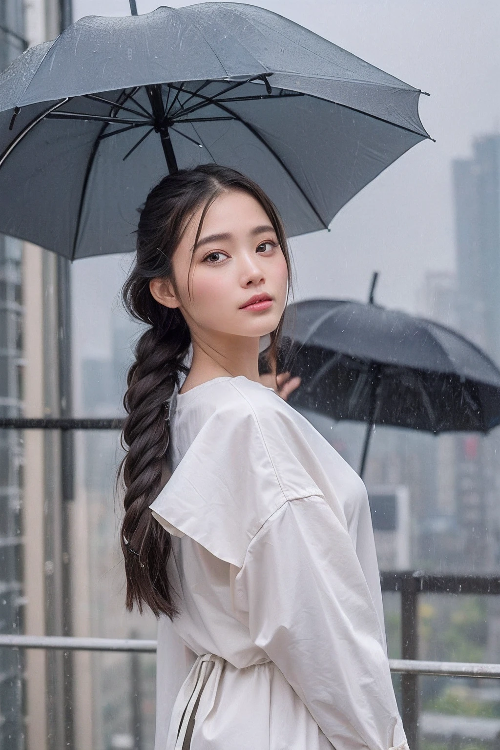 (extra detailed body、extra detailed face、best qualtiy:1.2)、femele、looking at the viewers、(put up an umbrella、Braided hair、Rainy Day Outfit)、(Tokyo cityscape in the background:1.4)